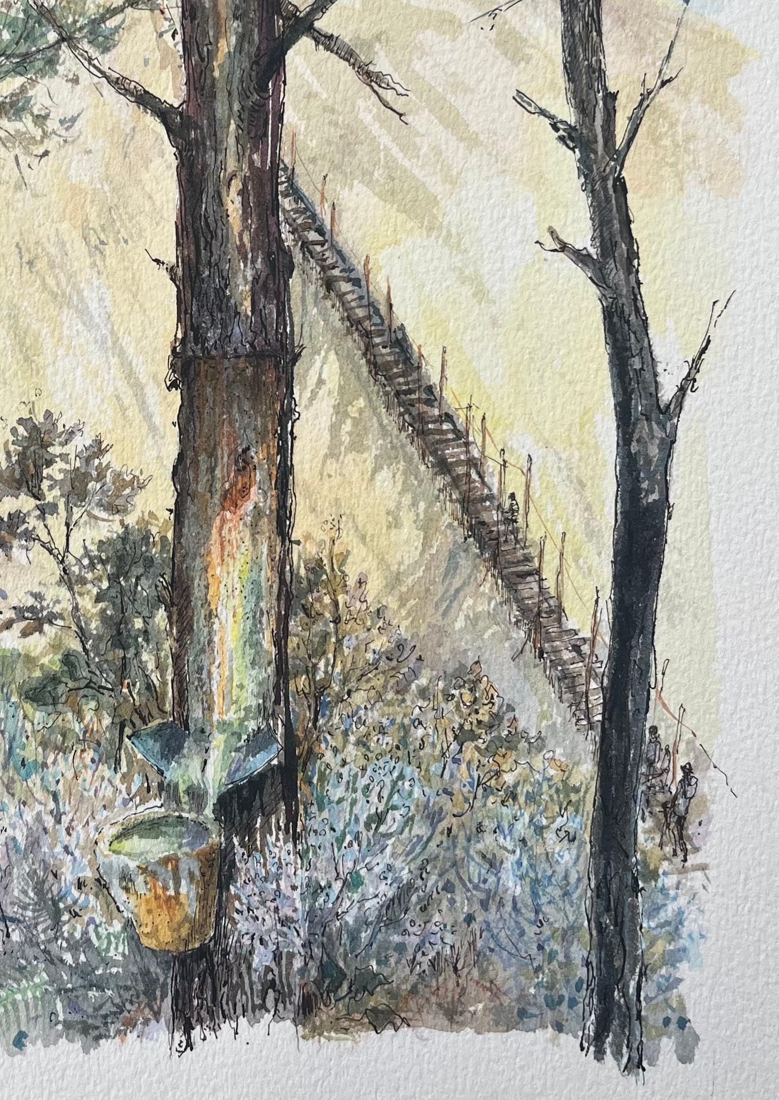 Title: French Watercolor Painting of “Pin en Gemmage” in Forested Dunes
by Robert Lepine (French, 1929 - 2017)
Signed: Yes
Medium: Watercolor painting on artists paper, unframed
Size: 14.25 x 10.25 (height x width)
Condition: Very good.
Provenance: