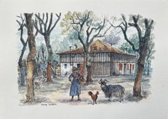 Französisches Aquarellgemälde einer traditionellen Ferme Landaise, Französisch