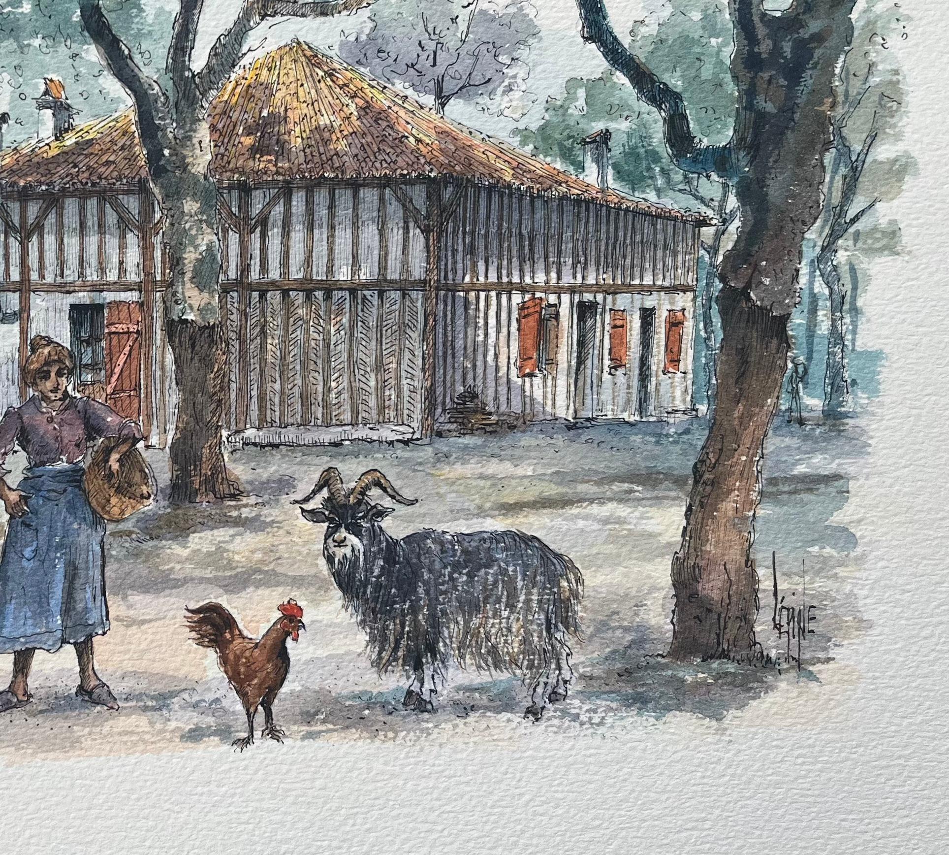 Französisches Aquarellgemälde einer traditionellen Ferme Landaise, Französisch (Grau), Landscape Painting, von Robert Lepine (1929 - 2017)