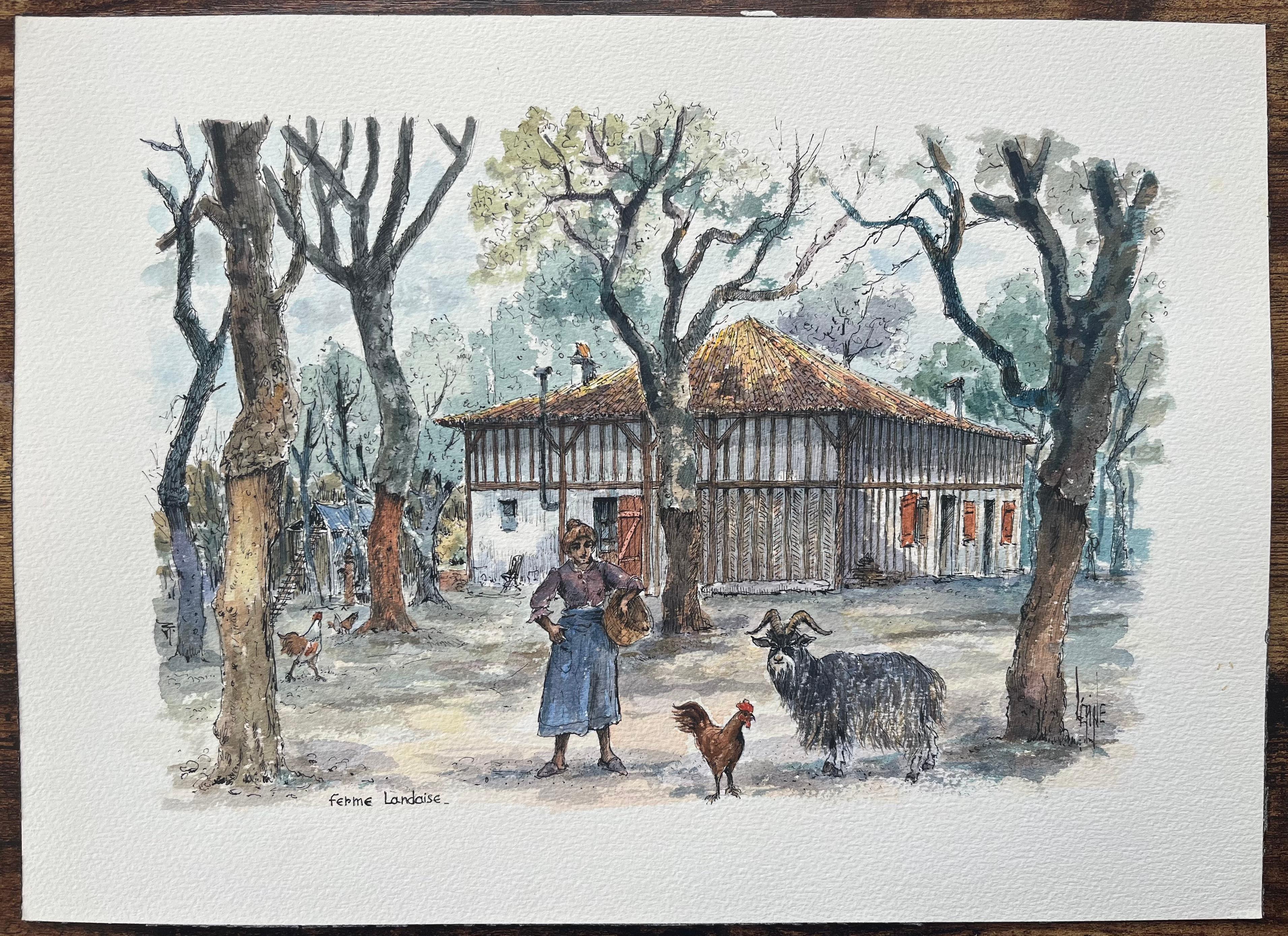 Französisches Aquarellgemälde einer traditionellen Ferme Landaise, Französisch – Painting von Robert Lepine (1929 - 2017)