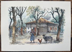 French Watercolor Painting of a Traditional Ferme Landaise