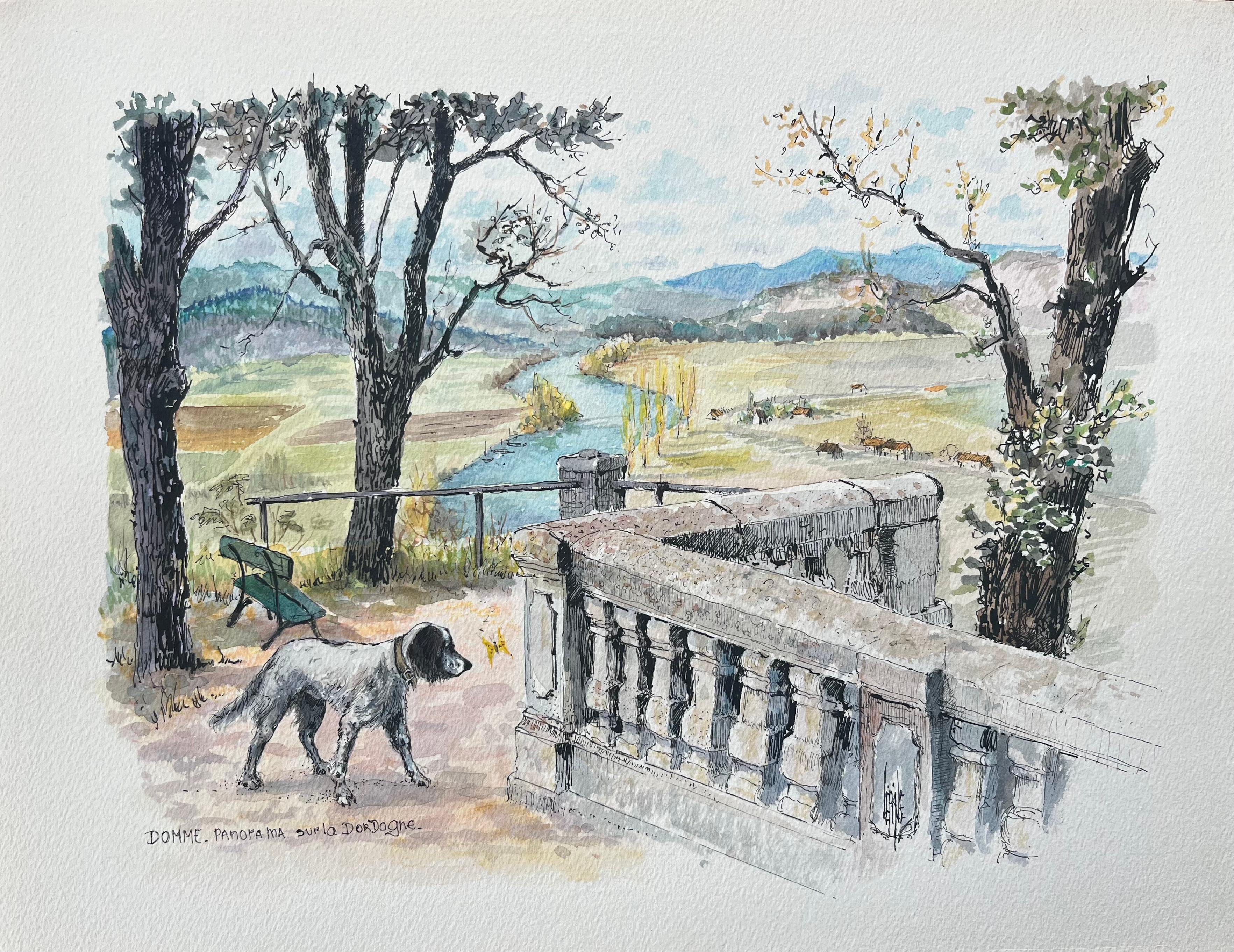 French Watercolor Painting of Domme Panorama Overlooking Dordogne Valley