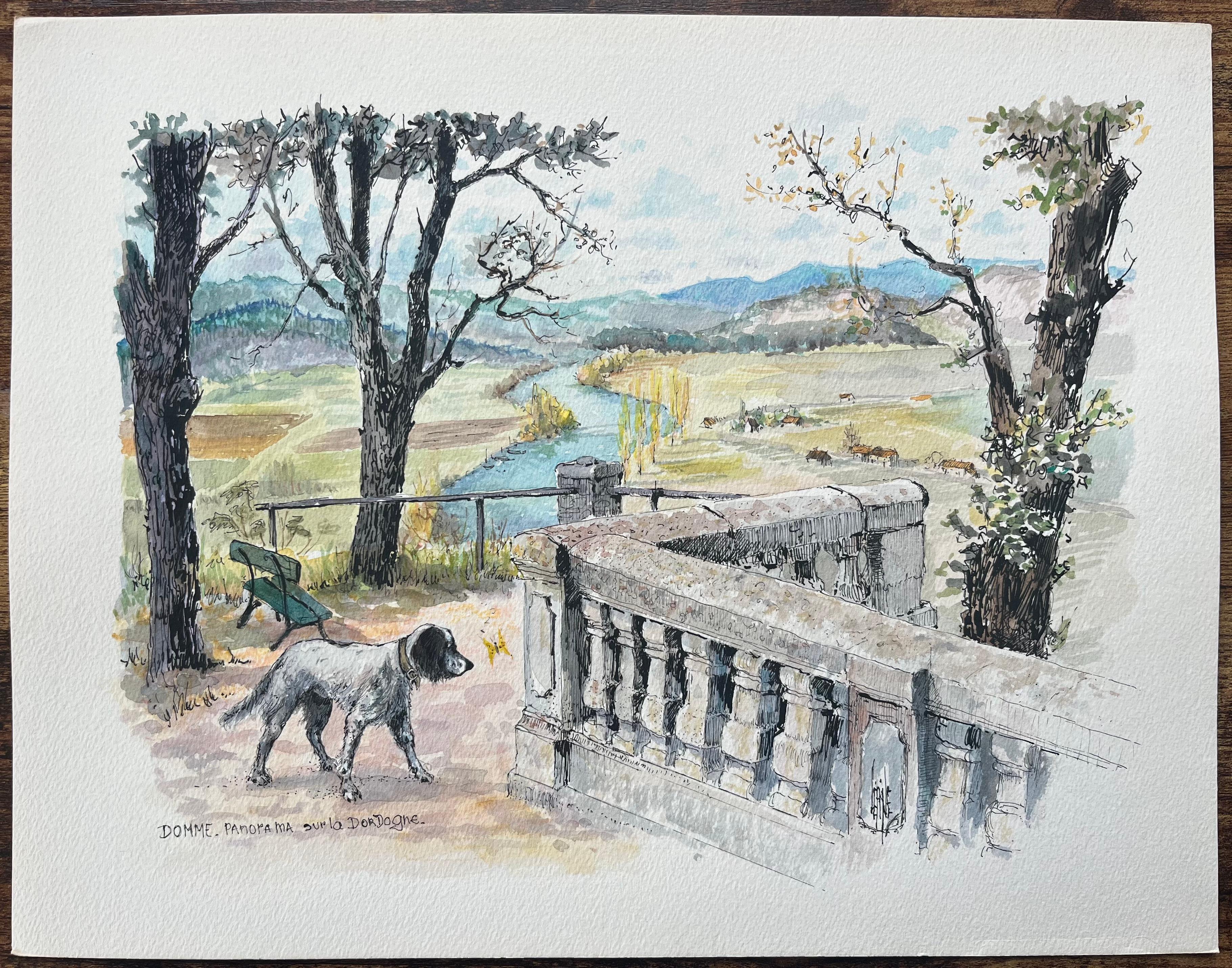 Acquerello francese di Domme Panorama con vista sulla valle della Dordogna - Art di Robert Lepine (1929 - 2017)