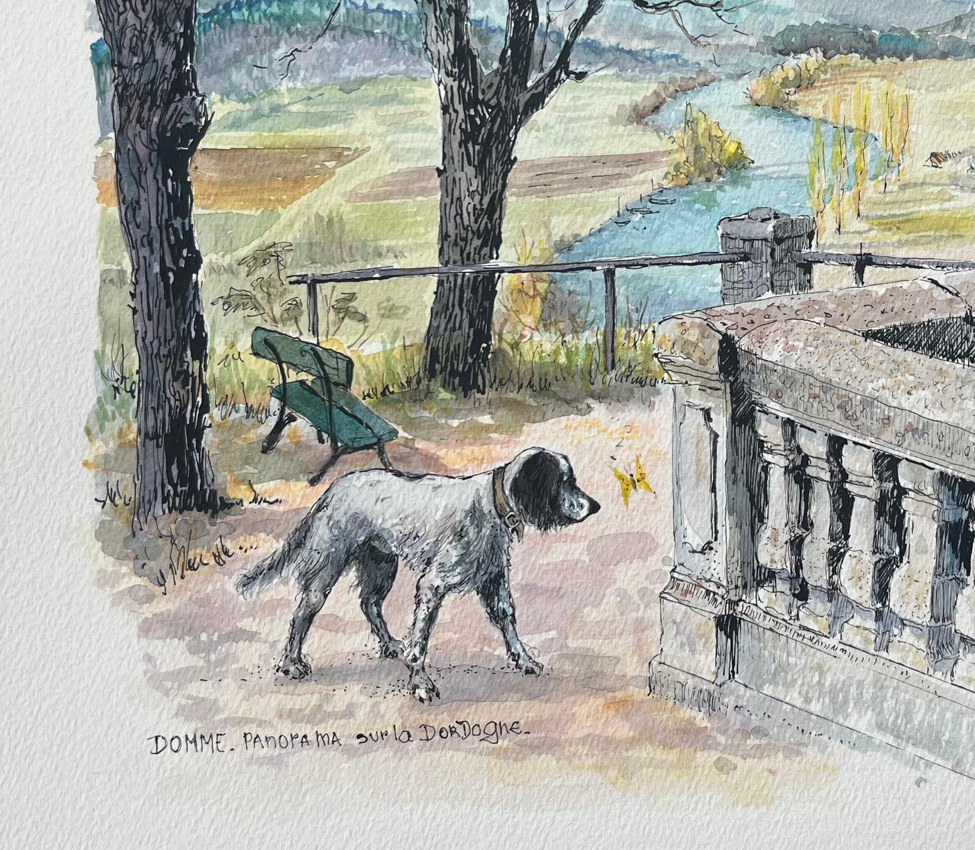 Acquerello francese di Domme Panorama con vista sulla valle della Dordogna - Art Scuola francese di Robert Lepine (1929 - 2017)