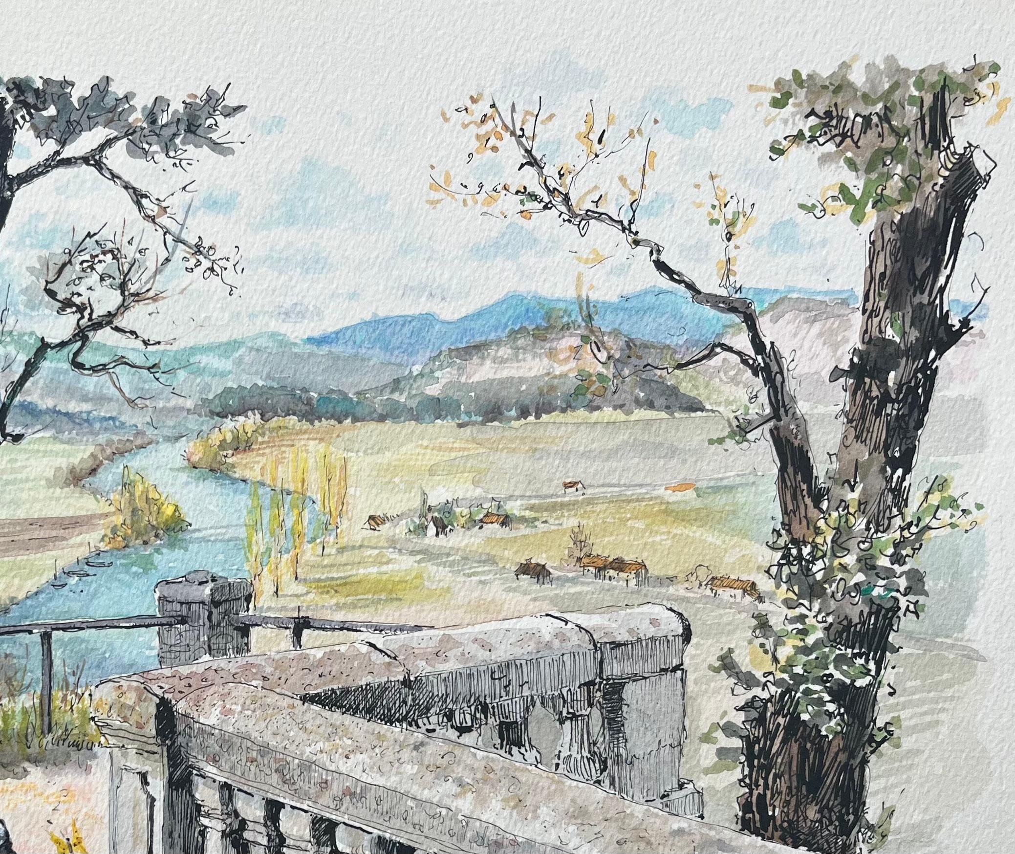 Acquerello francese di Domme Panorama con vista sulla valle della Dordogna in vendita 1