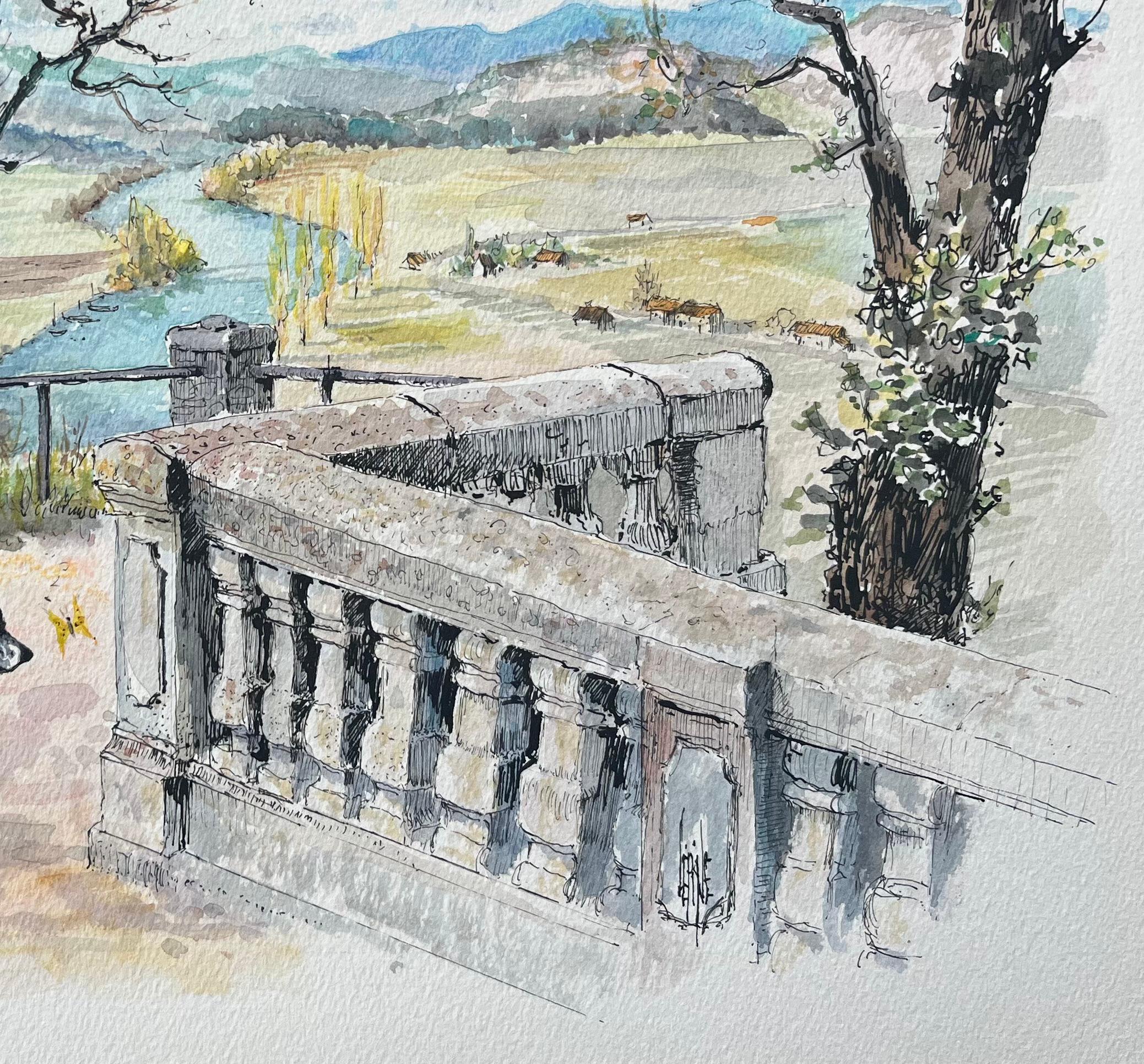 Acquerello francese di Domme Panorama con vista sulla valle della Dordogna - Landscape Art Grigio di Robert Lepine (1929 - 2017)