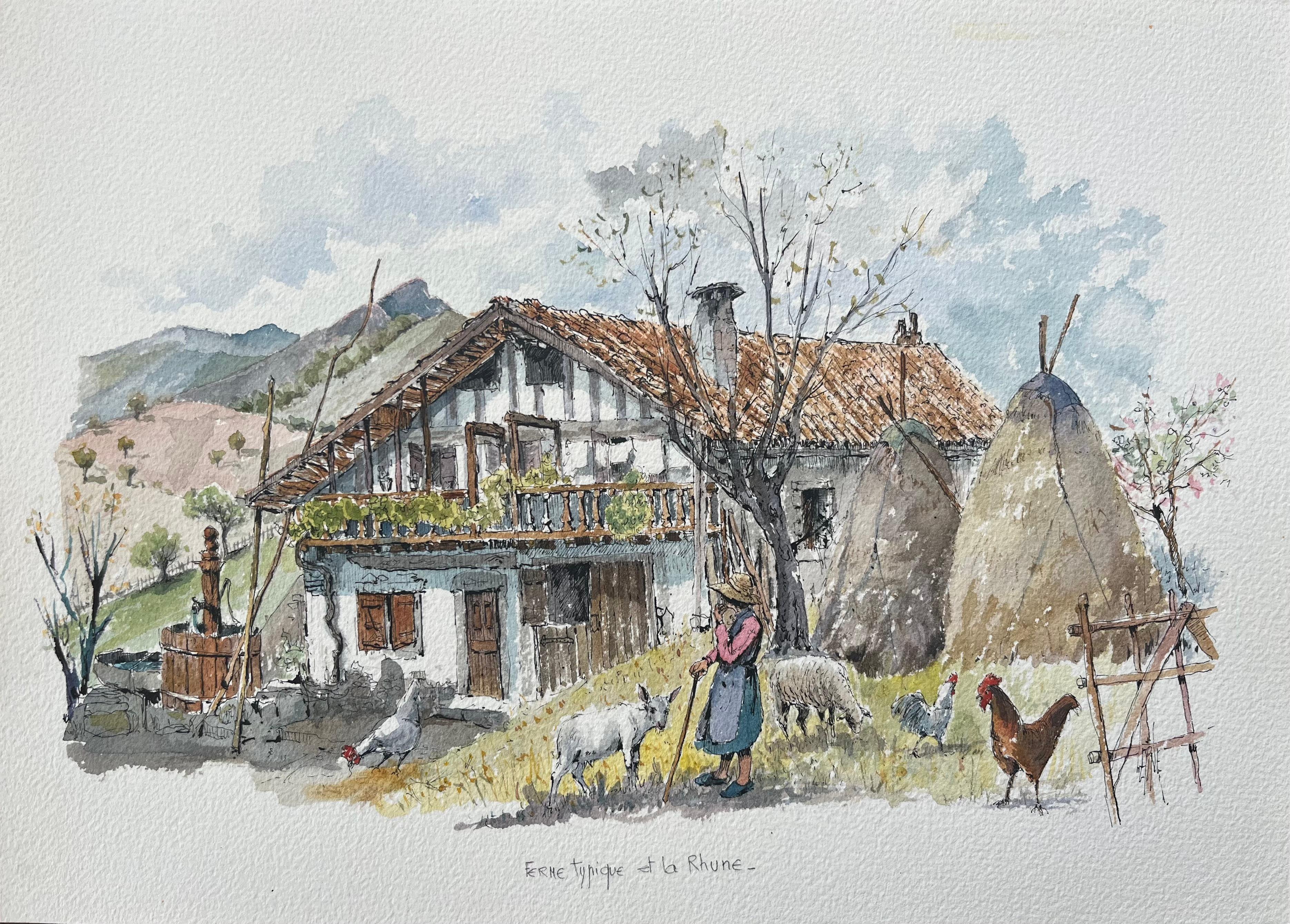 Aquarelle française d'une ferme près de La Rhune, Pays Basque