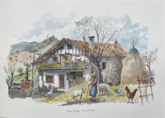Acuarela francesa de una granja cerca de La Rhune, País Vasco
