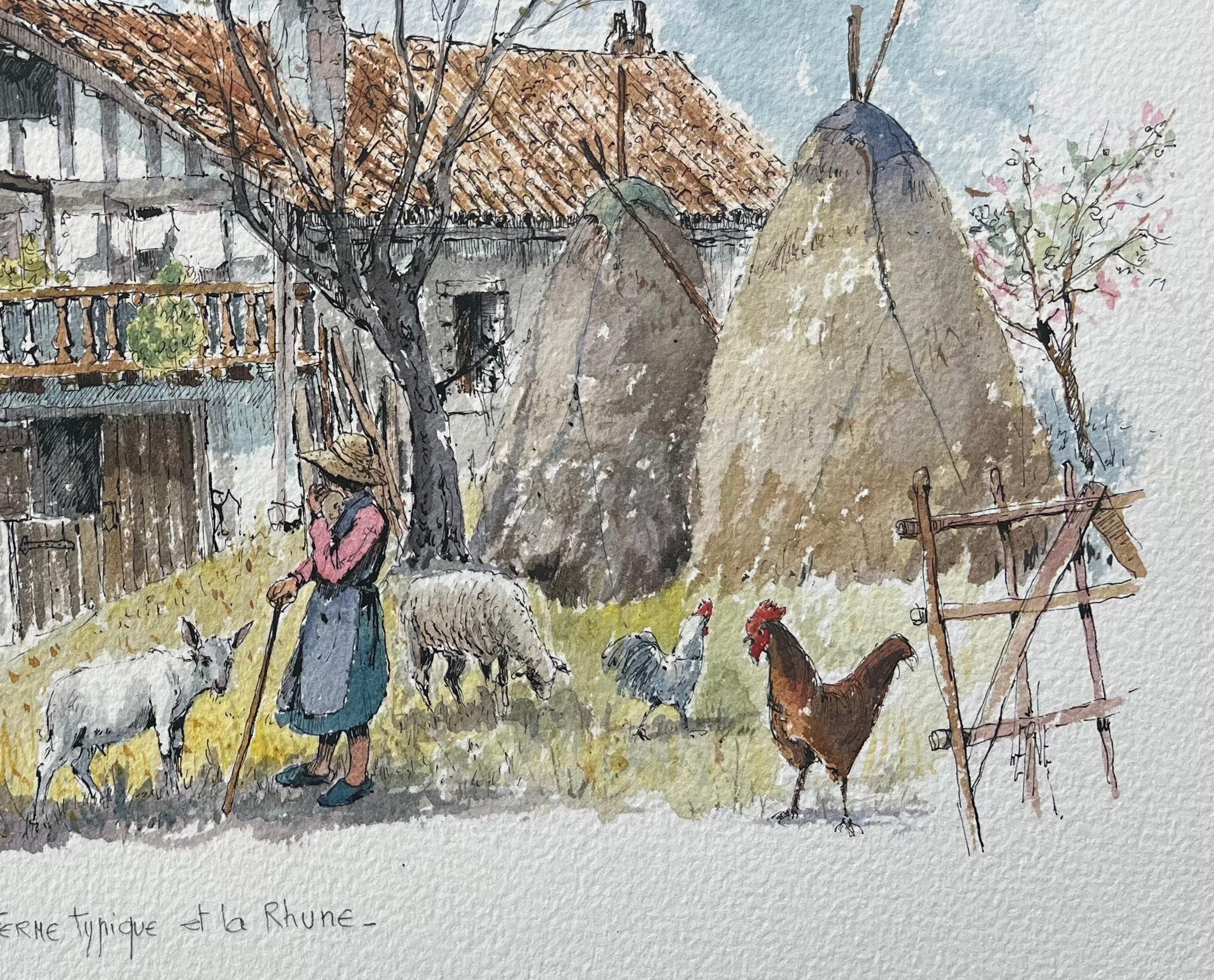 French Watercolor Painting of a Farmstead near La Rhune, Basque Country - Gray Landscape Art by Robert Lepine (1929 - 2017)