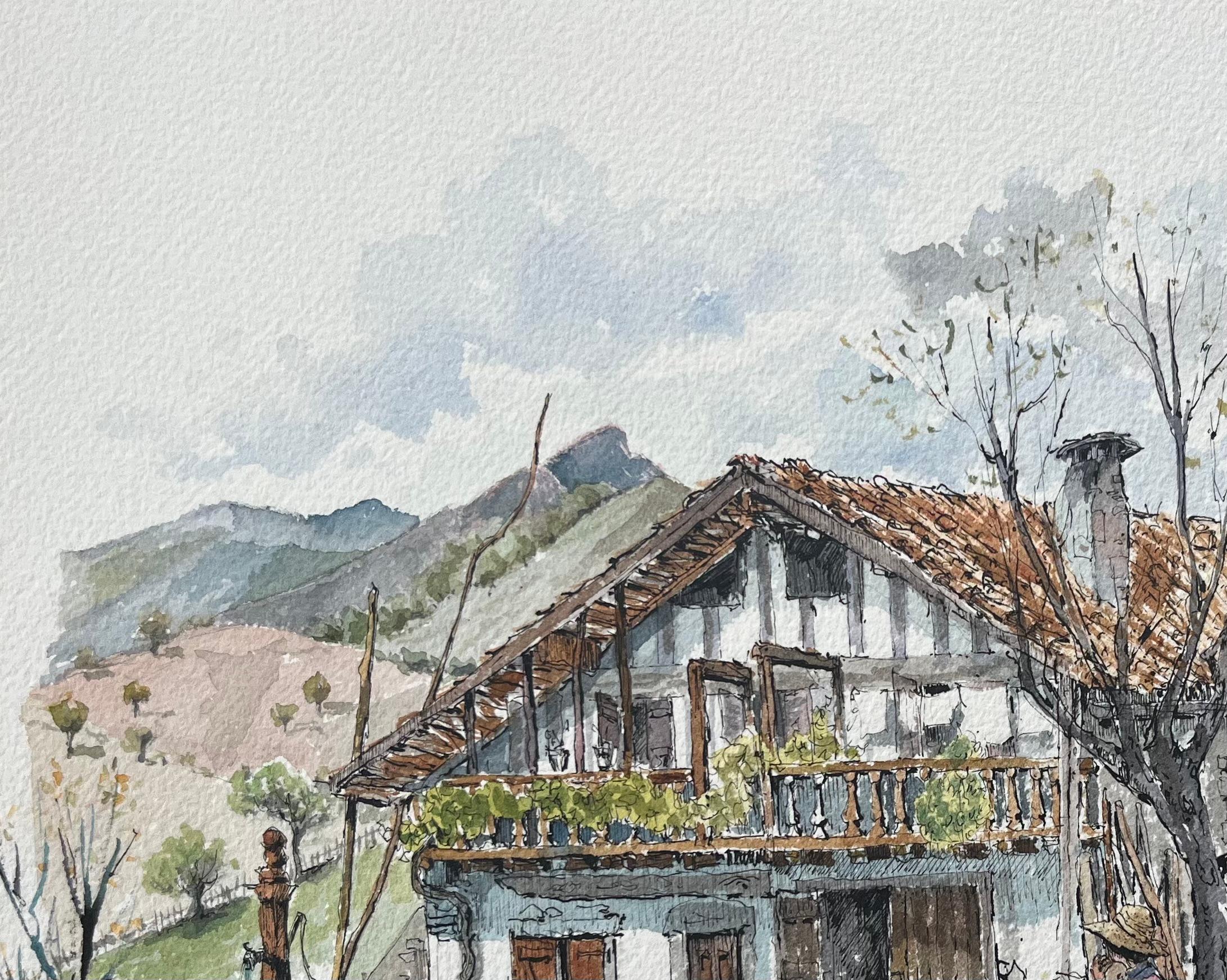 French Watercolor Painting of a Farmstead near La Rhune, Basque Country For Sale 1
