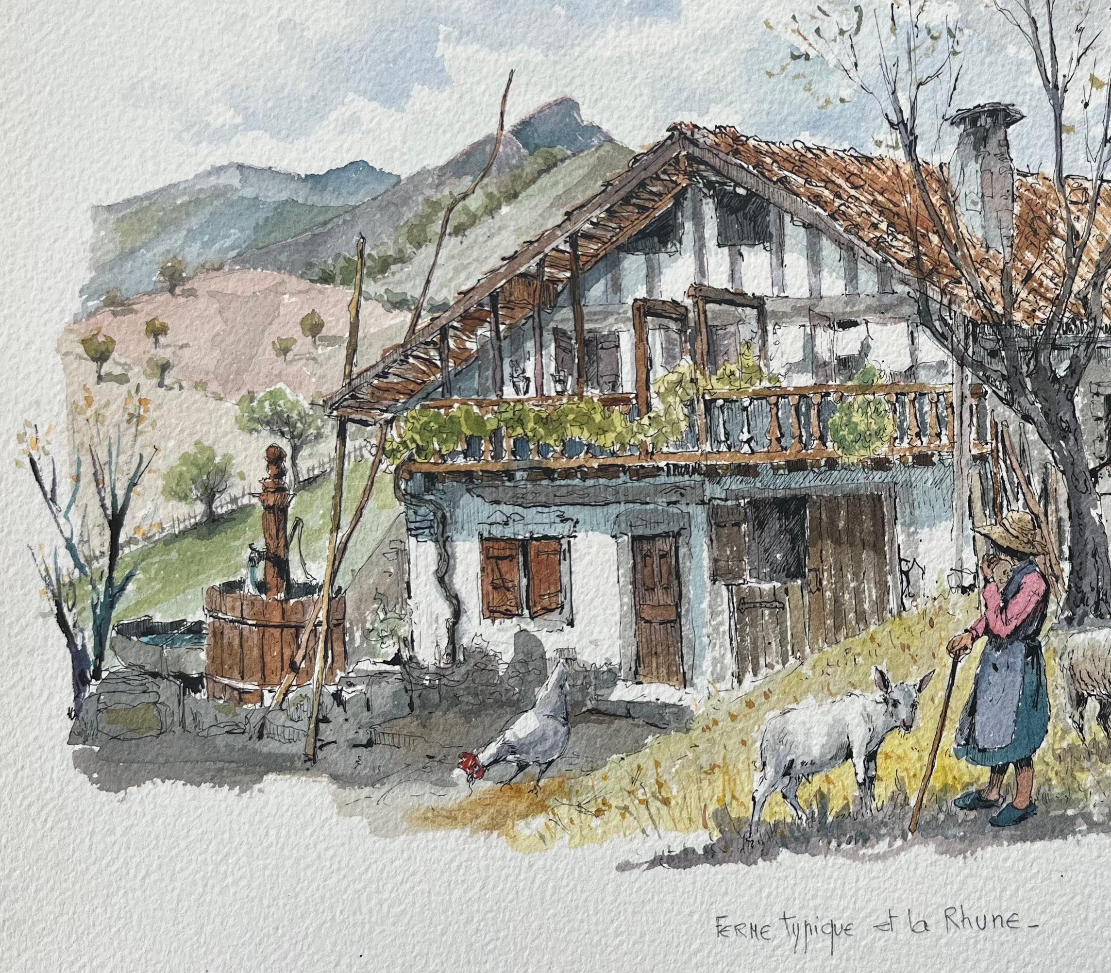 Title: French Watercolor Painting of a Farmstead near La Rhune, Basque Country
by Robert Lepine (French, 1929 - 2017)
Signed: Yes
Medium: Watercolor painting on artists paper, unframed
Size: 10.25 x 14.25 (height x width)
Condition: Very