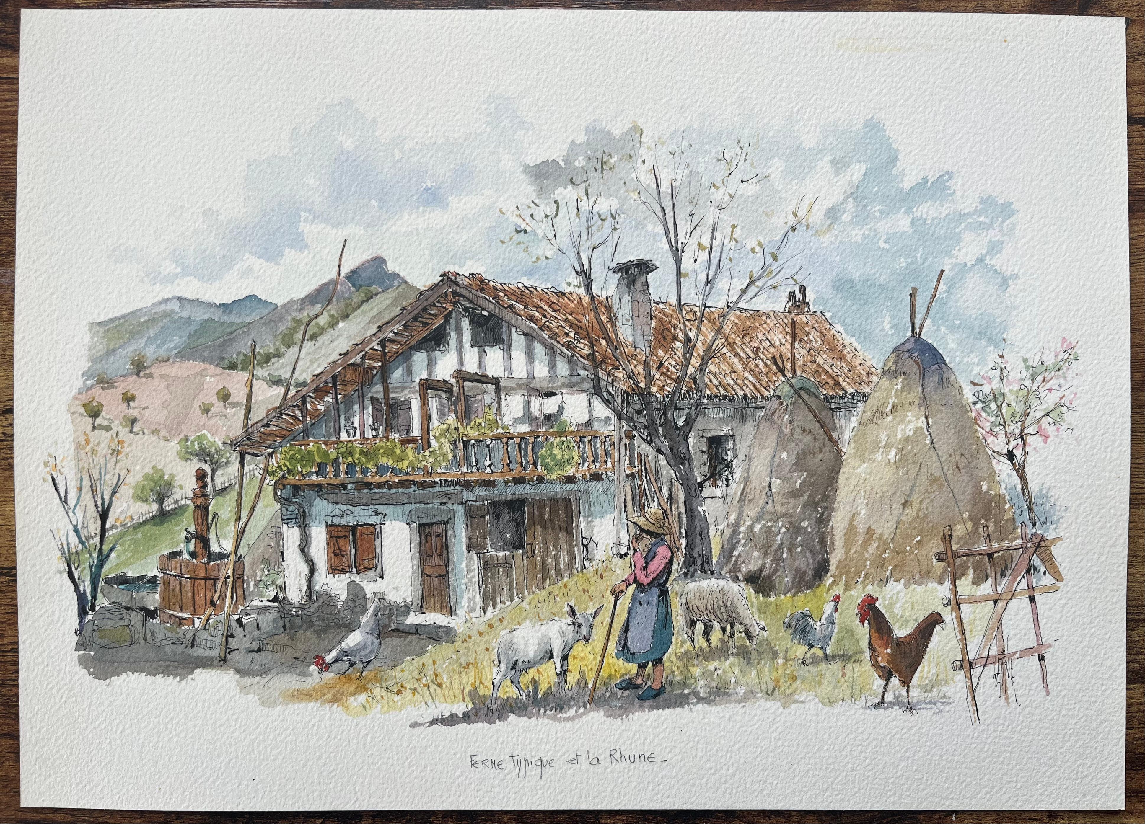 French Watercolor Painting of a Farmstead near La Rhune, Basque Country - Art by Robert Lepine (1929 - 2017)