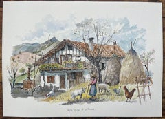 Französisches Aquarellgemälde eines Bauernhofs in der Nähe von La Rhune, Baskenland