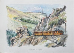 Acuarela francesa del tren de La Rhune en un paisaje vasco