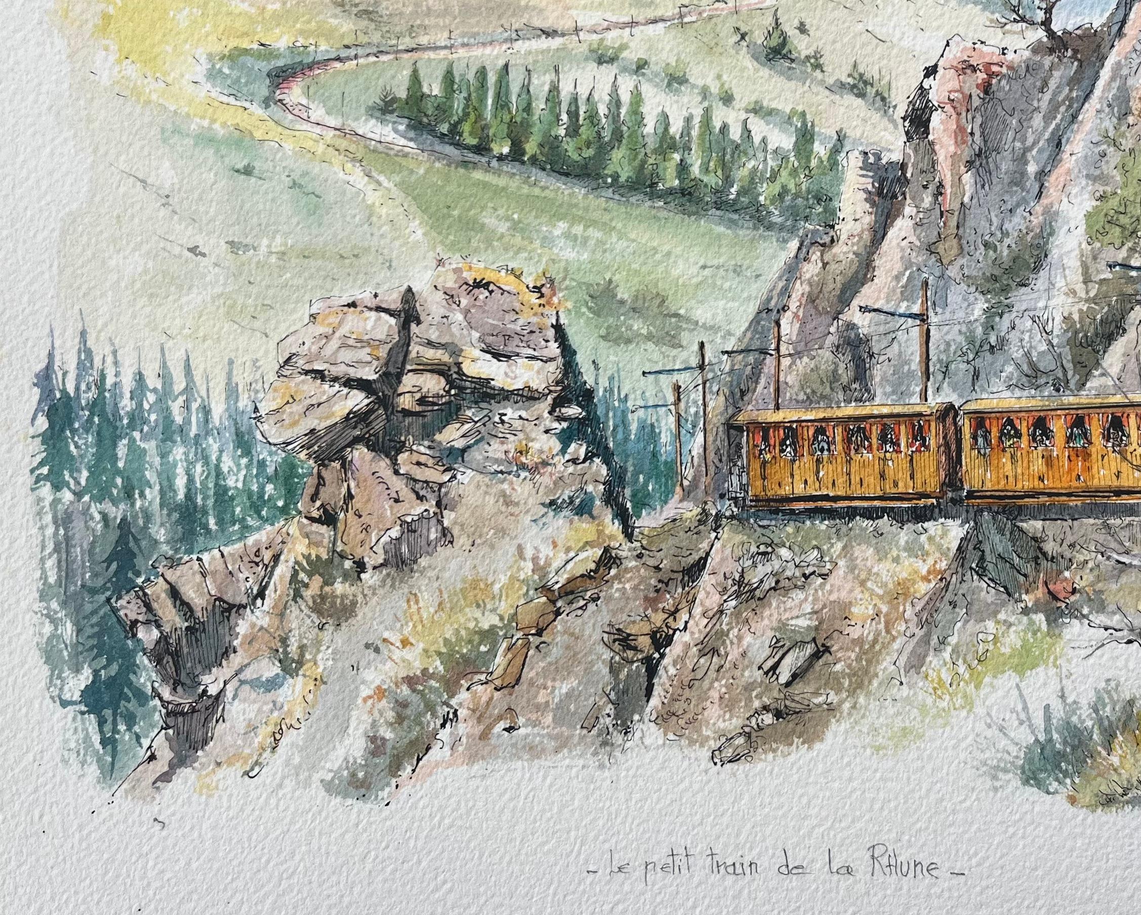 French Watercolor Painting of the La Rhune Train in Scenic Basque Landscape - French School Art by Robert Lepine (1929 - 2017)