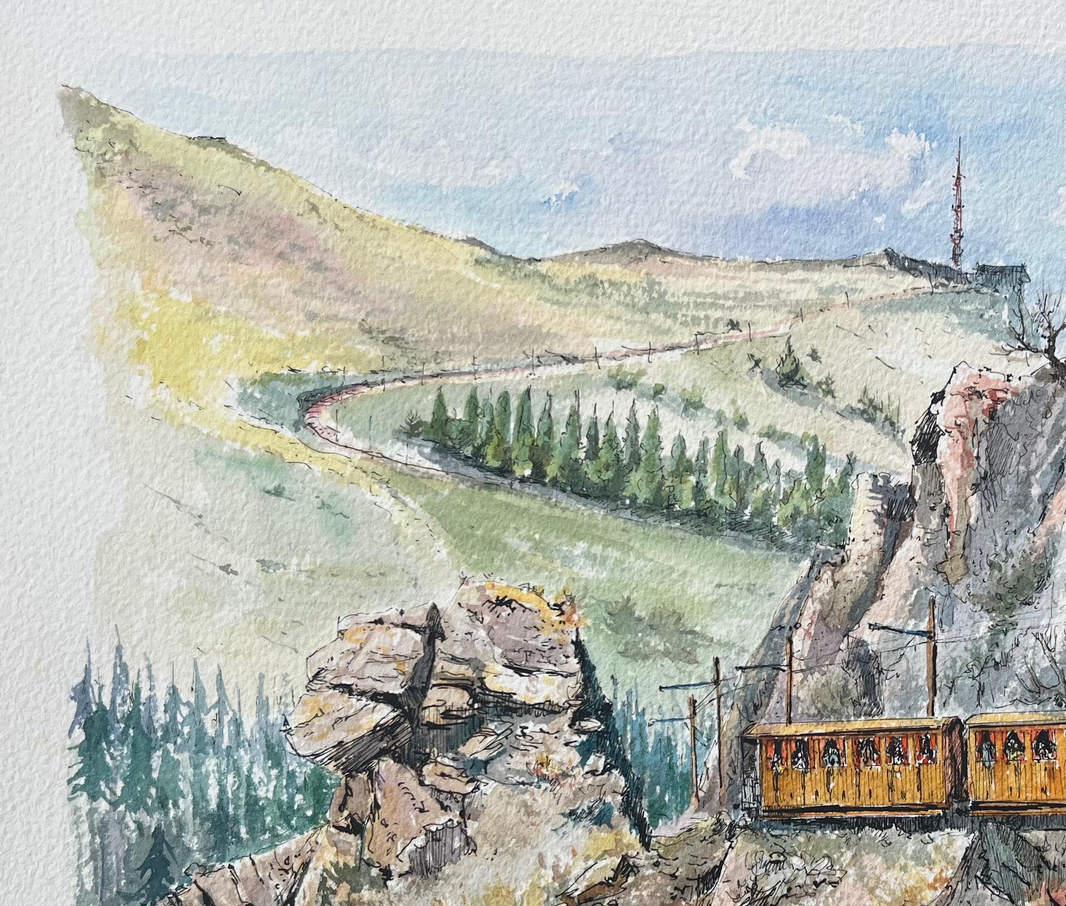 French Watercolor Painting of the La Rhune Train in Scenic Basque Landscape - Gray Landscape Art by Robert Lepine (1929 - 2017)