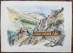 French Watercolor Painting of the La Rhune Train in Scenic Basque Landscape