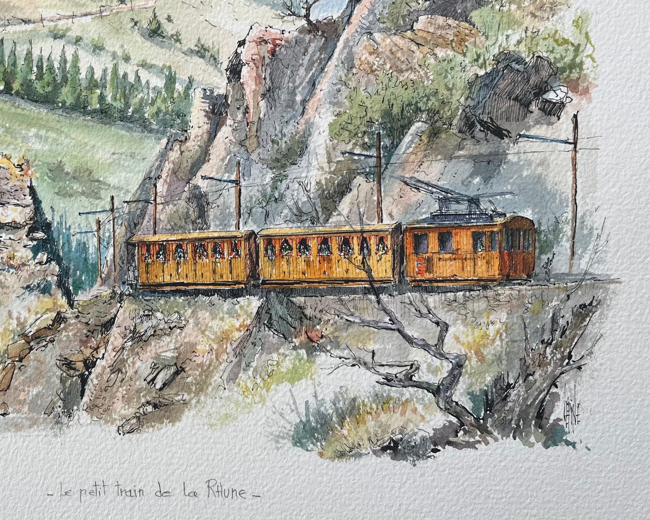 Title: French Watercolor Painting of the La Rhune Train in Scenic Basque Landscape
by Robert Lepine (French, 1929 - 2017)
Signed: Yes
Medium: Watercolor painting on artists paper, unframed
Size: 10.25 x 14.25 (height x width)
Condition: Very