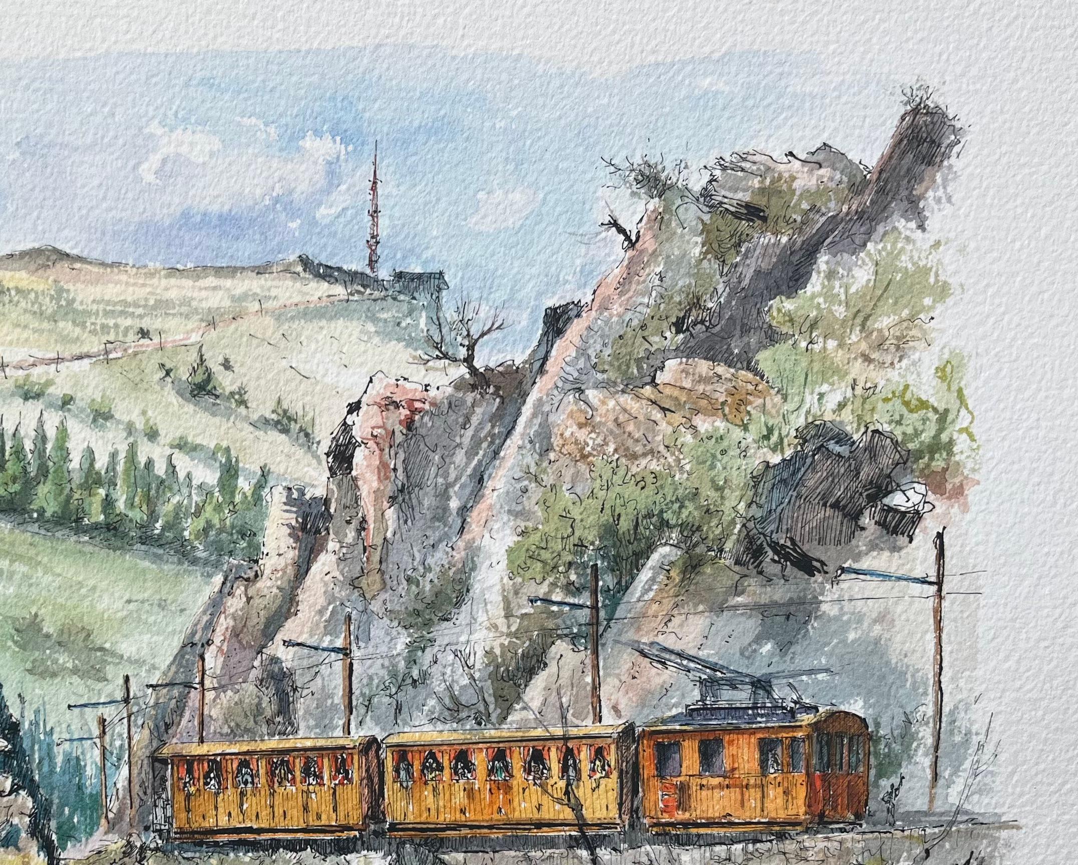 French Watercolor Painting of the La Rhune Train in Scenic Basque Landscape For Sale 1