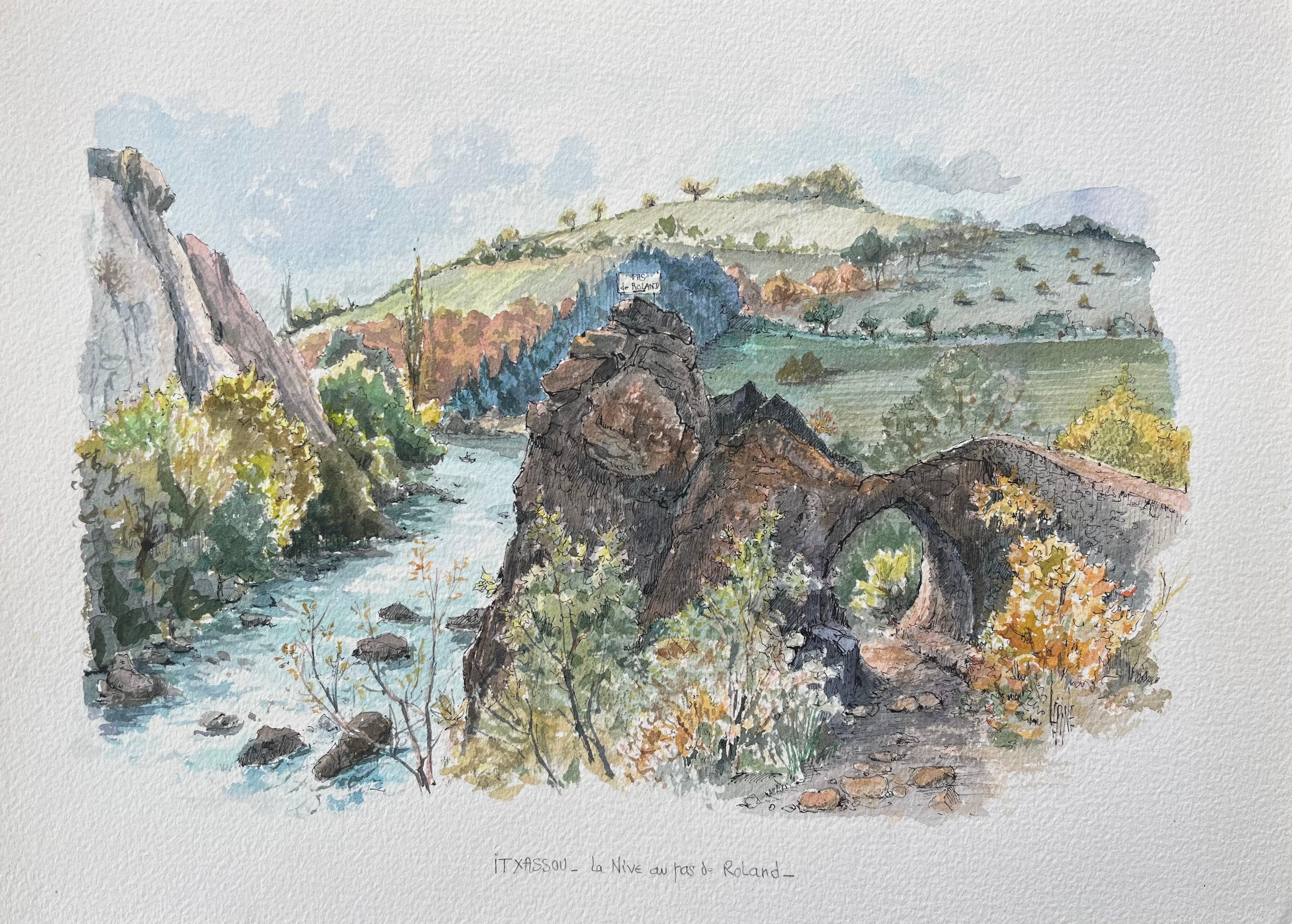 Robert Lepine (1929 - 2017) Landscape Art - French Watercolor Painting of the Nive River and Roland’s Pass in Itxassou