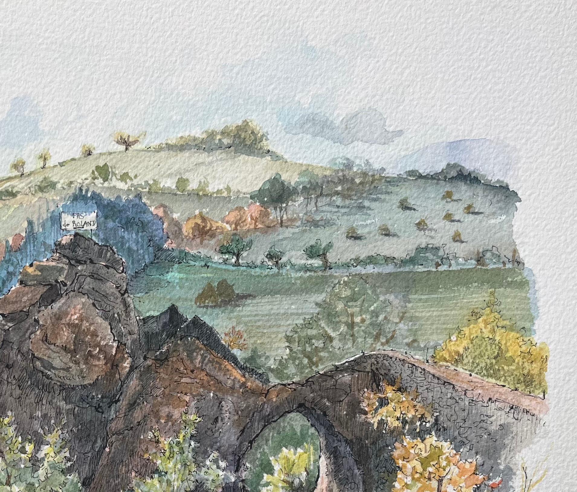 French Watercolor Painting of the Nive River and Roland’s Pass in Itxassou - French School Art by Robert Lepine (1929 - 2017)