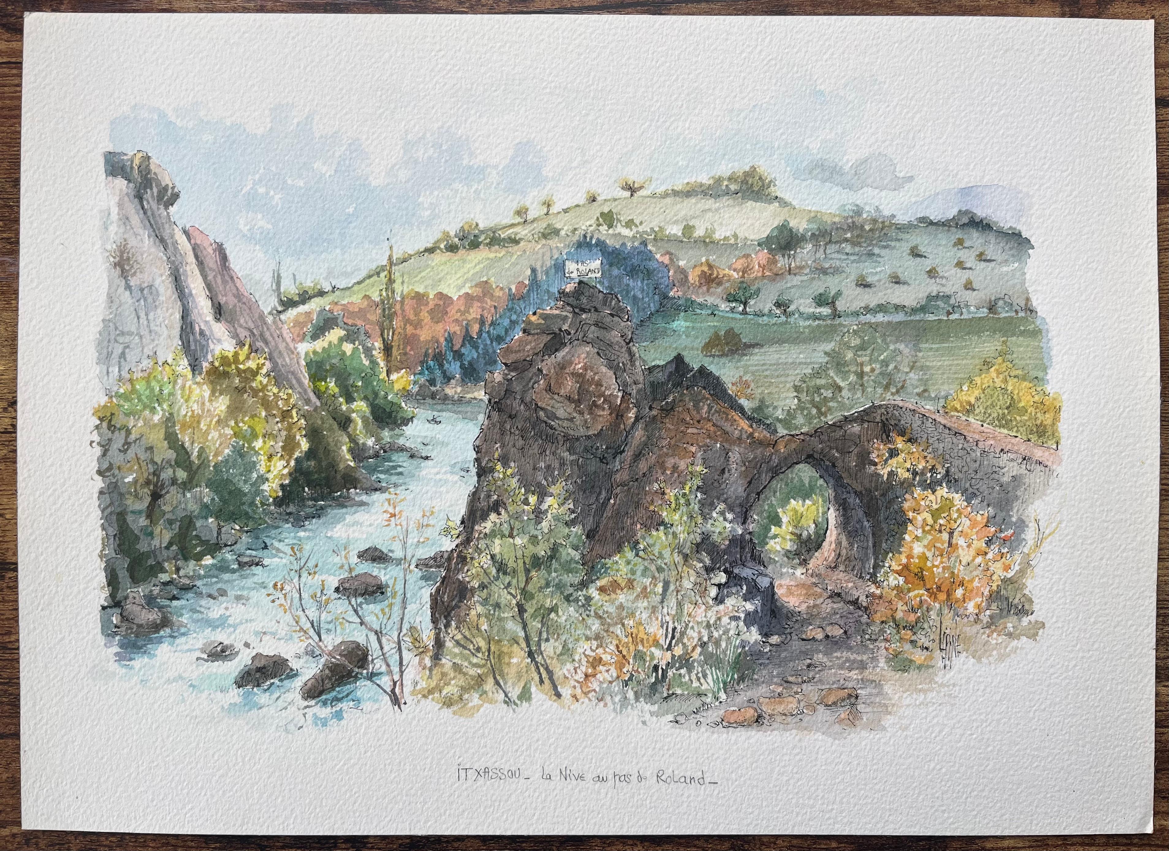 French Watercolor Painting of the Nive River and Roland’s Pass in Itxassou - Art by Robert Lepine (1929 - 2017)