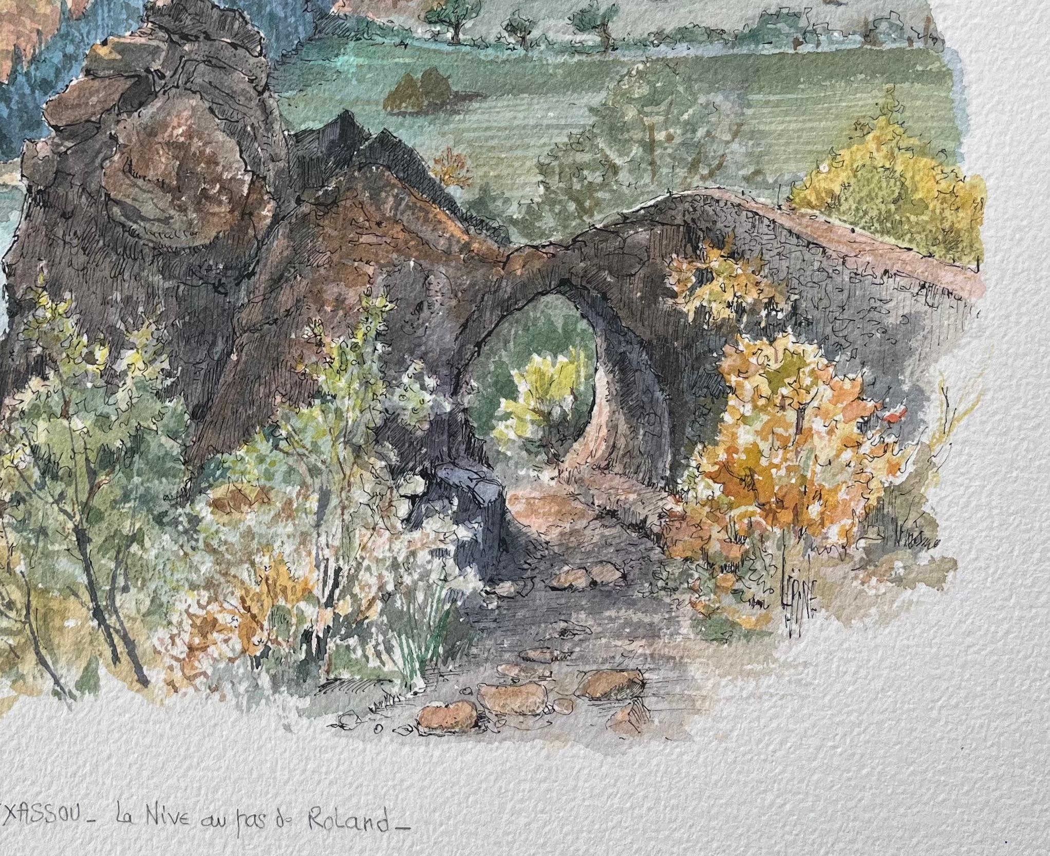 French Watercolor Painting of the Nive River and Roland’s Pass in Itxassou - Gray Landscape Art by Robert Lepine (1929 - 2017)
