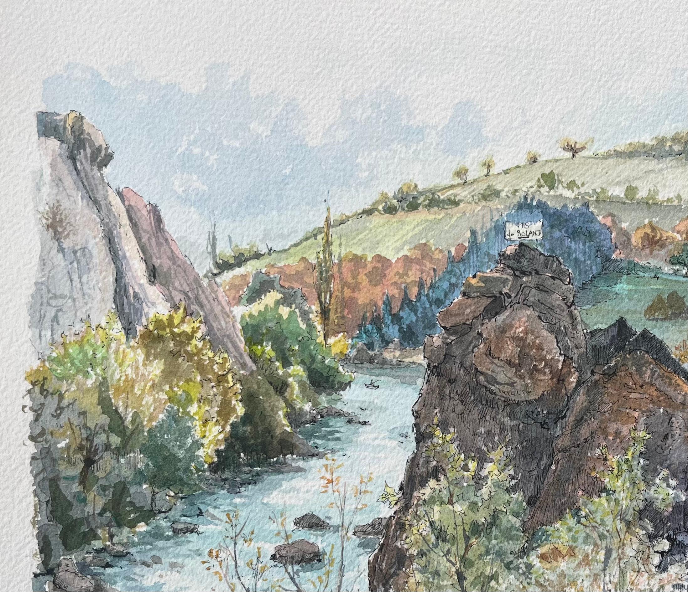 Title: French Watercolor Painting of the Nive River and Roland’s Pass in Itxassou
by Robert Lepine (French, 1929 - 2017)
Signed: Yes
Medium: Watercolor painting on artists paper, unframed
Size: 10.25 x 14.25 (height x width)
Condition: Very
