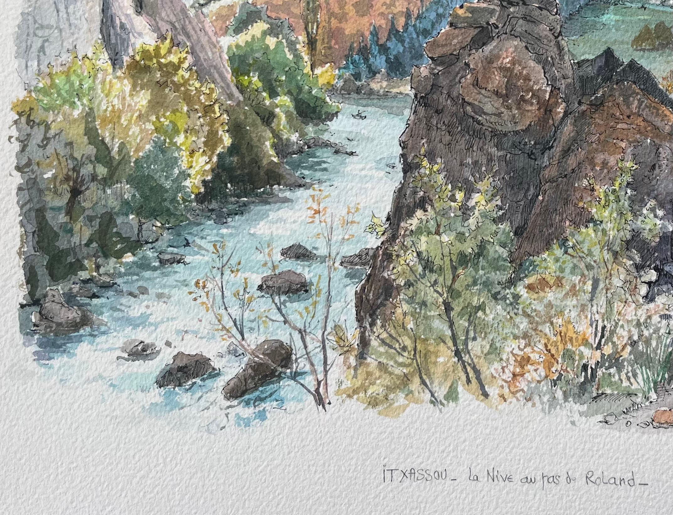 French Watercolor Painting of the Nive River and Roland’s Pass in Itxassou For Sale 1