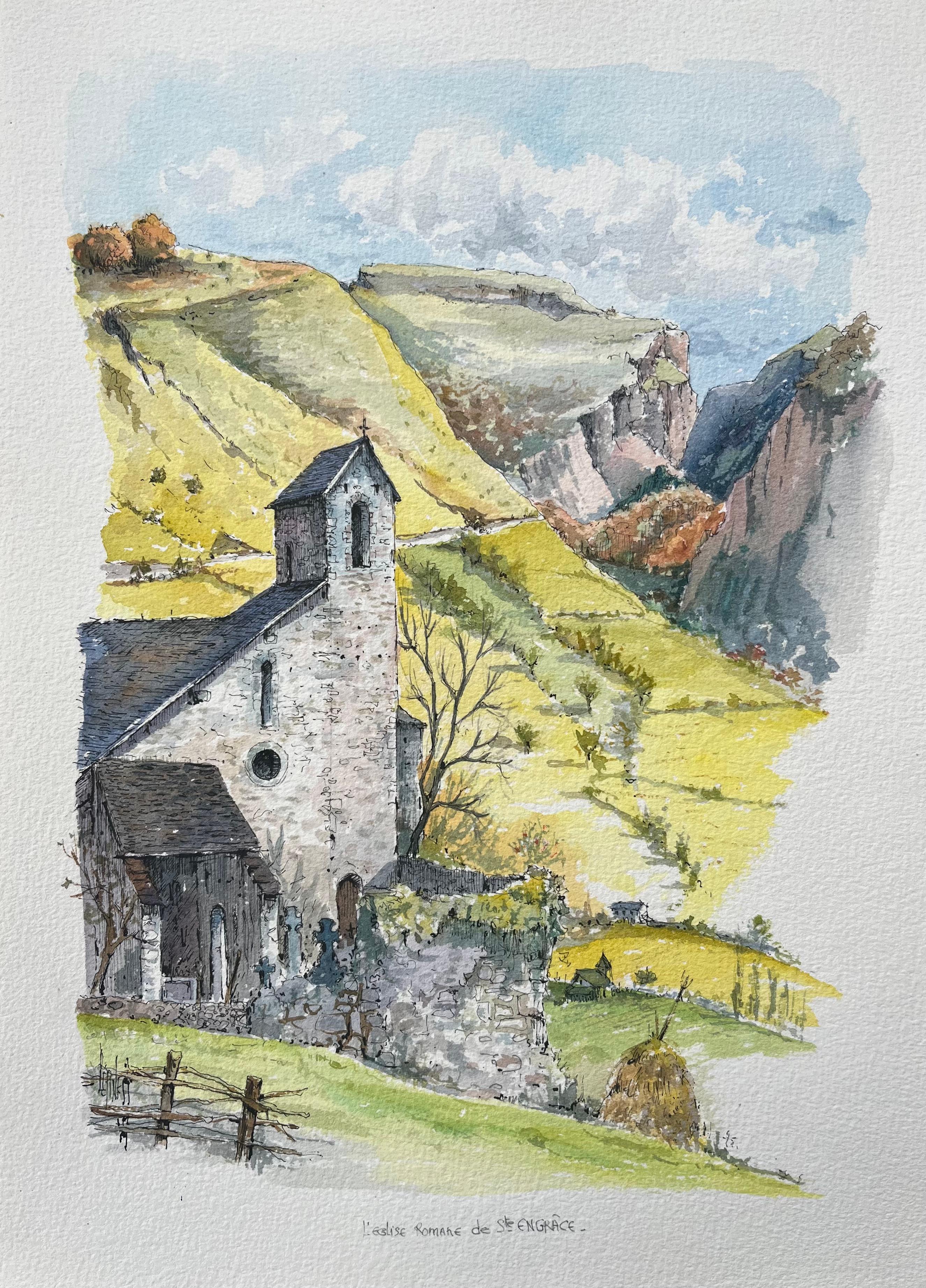 Robert Lepine (1929 - 2017) Landscape Art - French Watercolor of Romanesque Church in Sainte-Engrâce