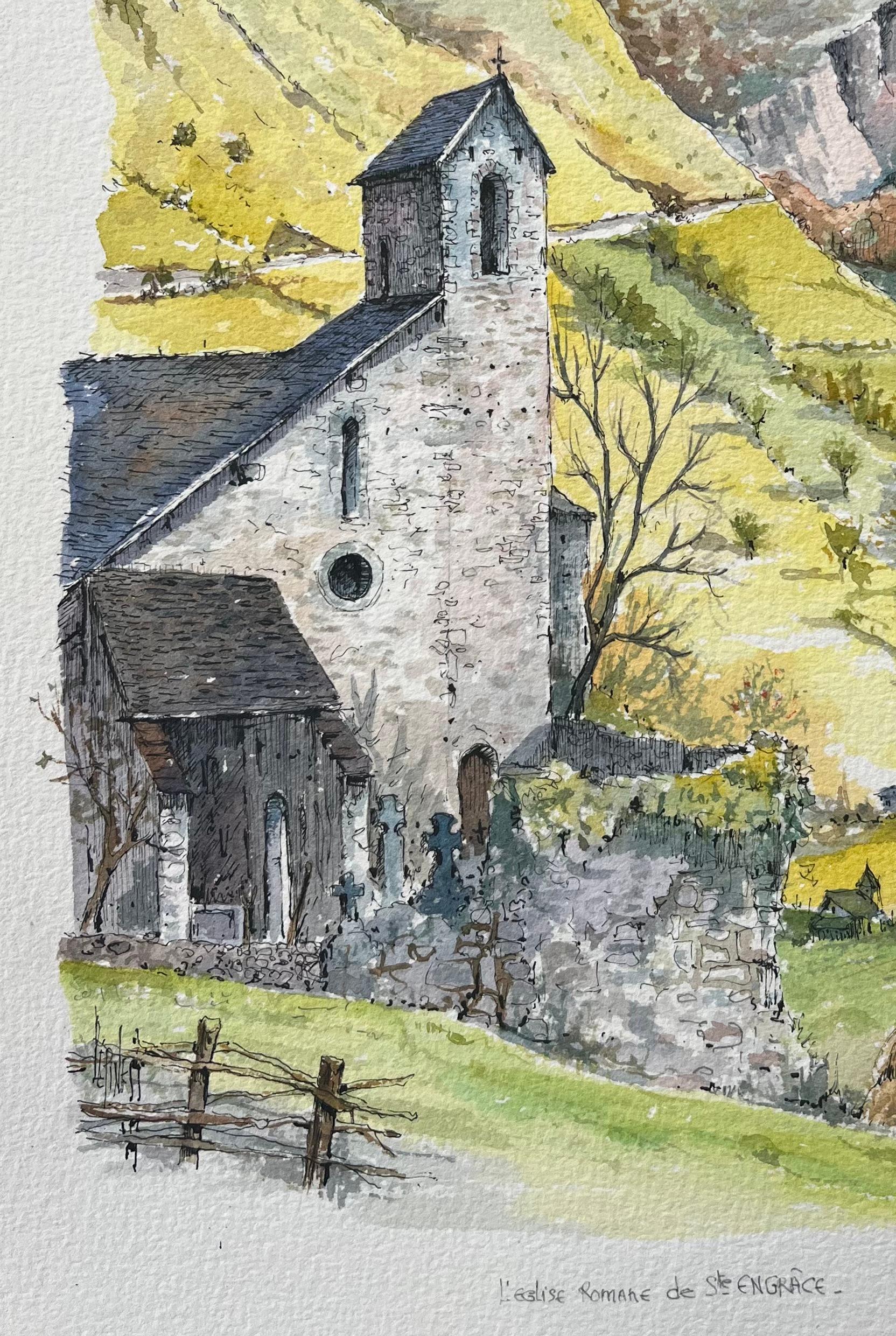 French Watercolor of Romanesque Church in Sainte-Engrâce - Gray Landscape Art by Robert Lepine (1929 - 2017)