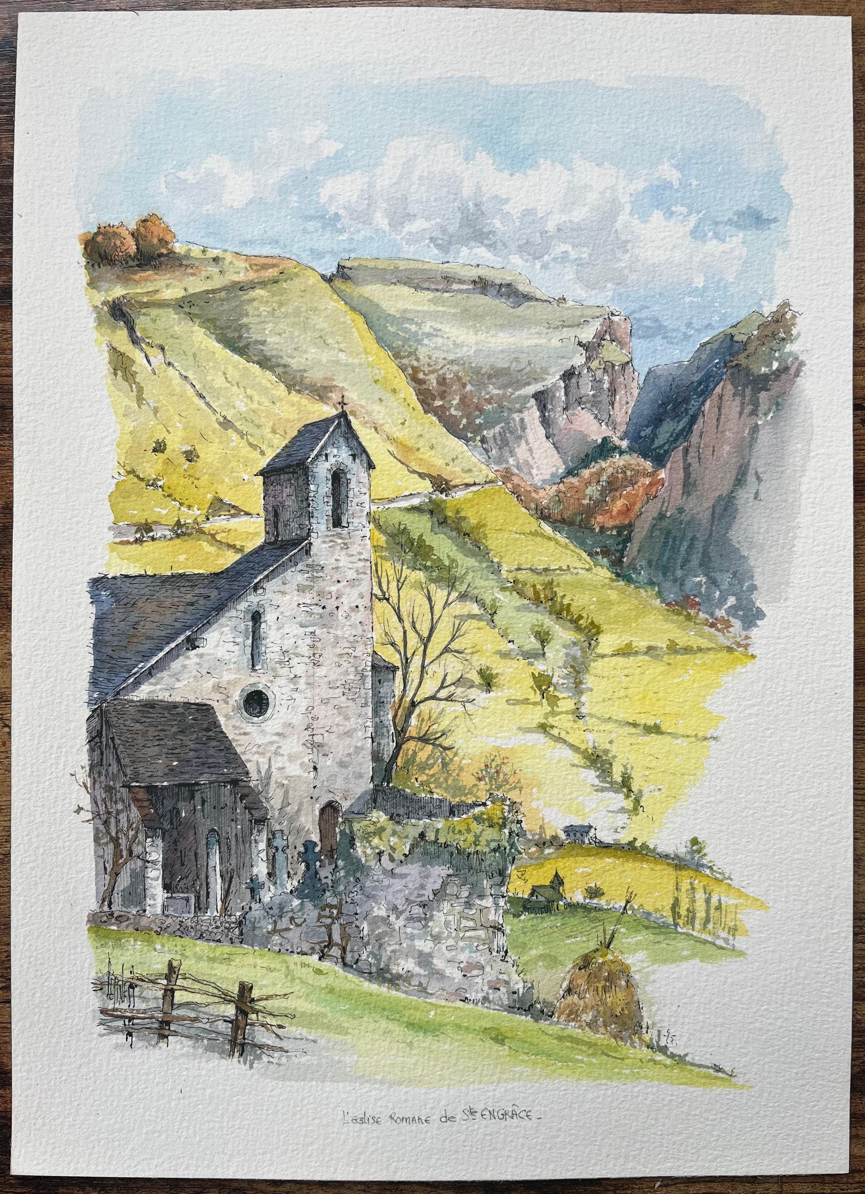 French Watercolor of Romanesque Church in Sainte-Engrâce - Art by Robert Lepine (1929 - 2017)