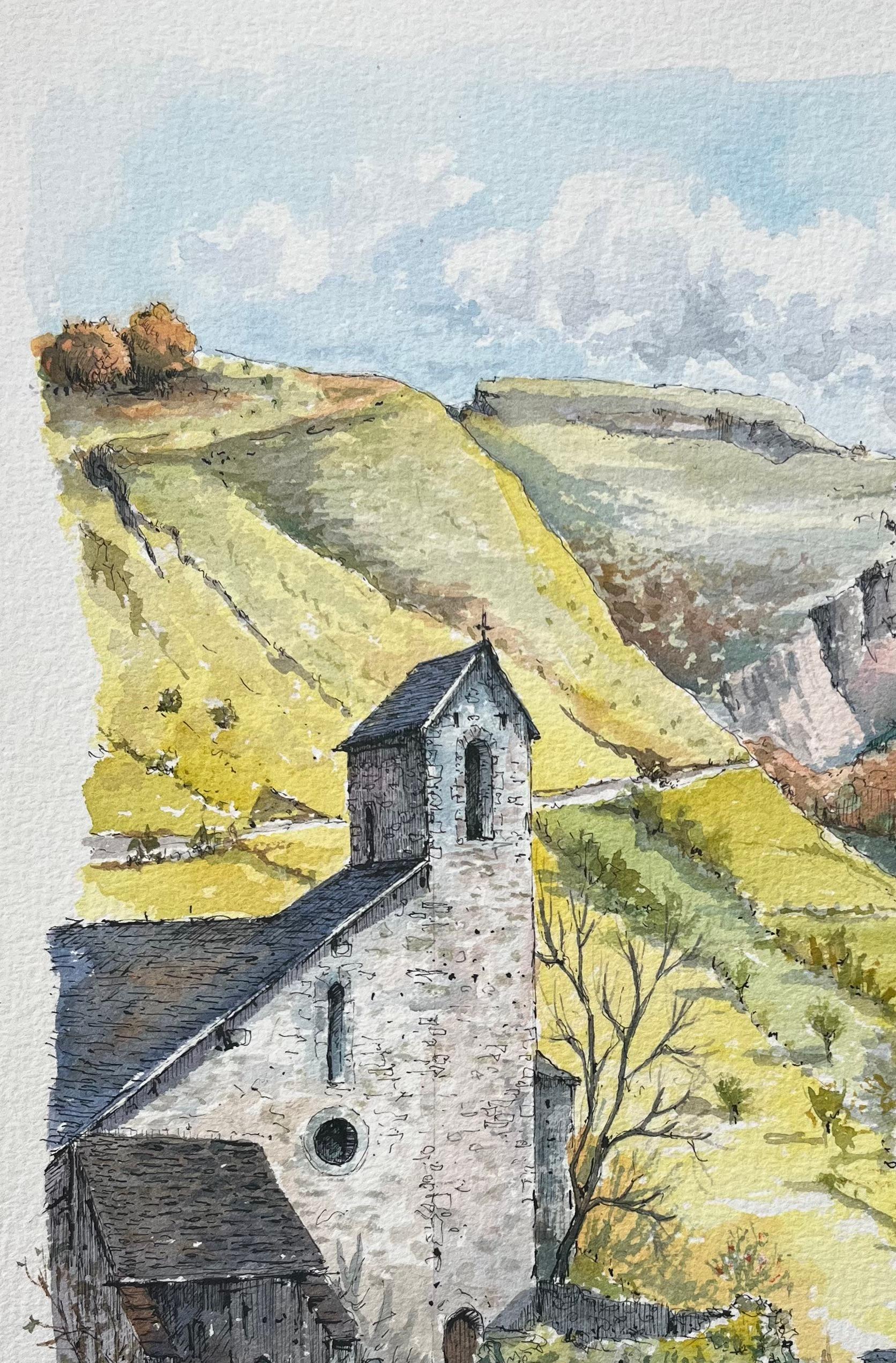French Watercolor of Romanesque Church in Sainte-Engrâce For Sale 1