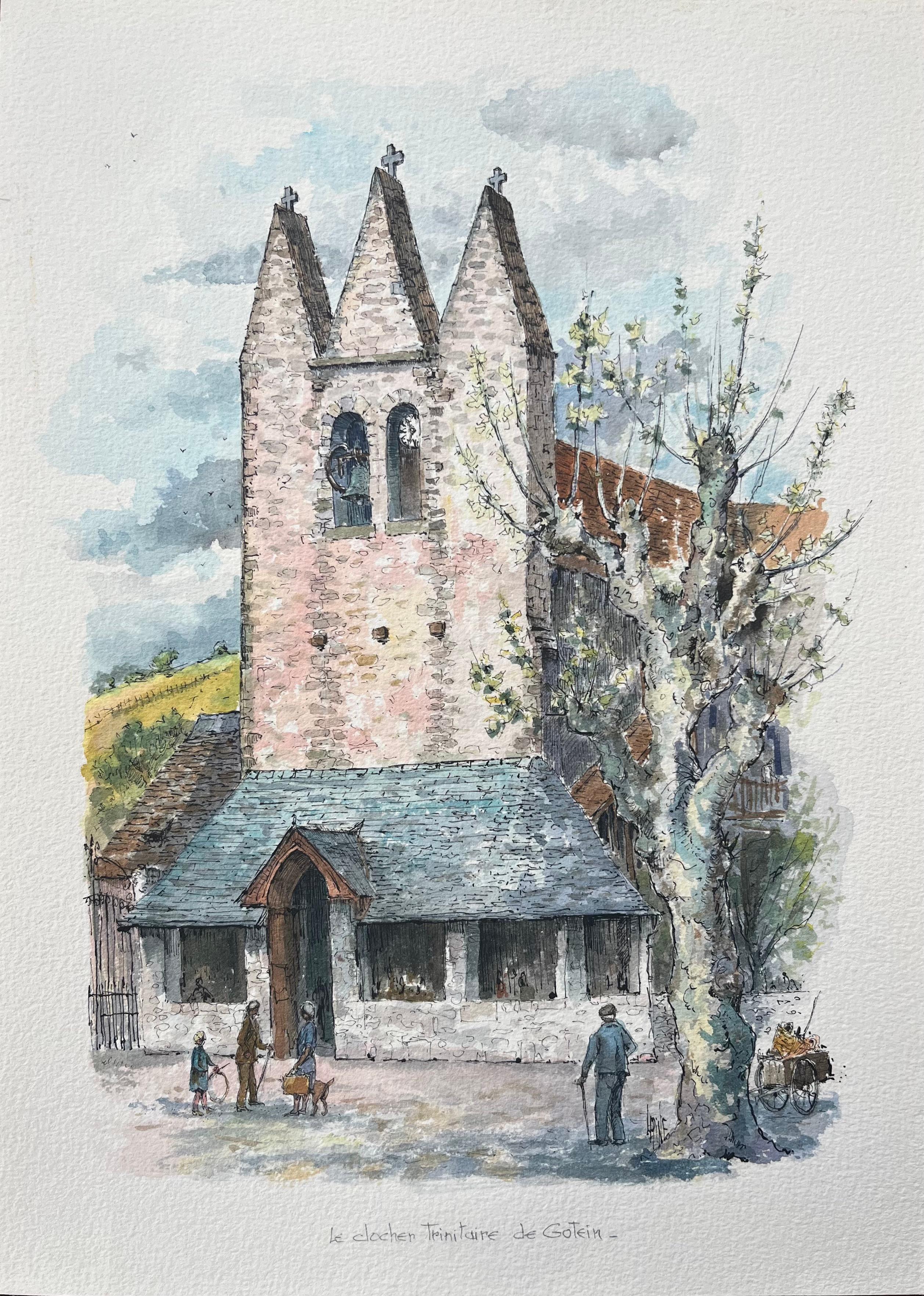 Robert Lepine (1929 - 2017) Landscape Art - French Watercolor of the Fortified Church of Golinhac with Figures and Dog