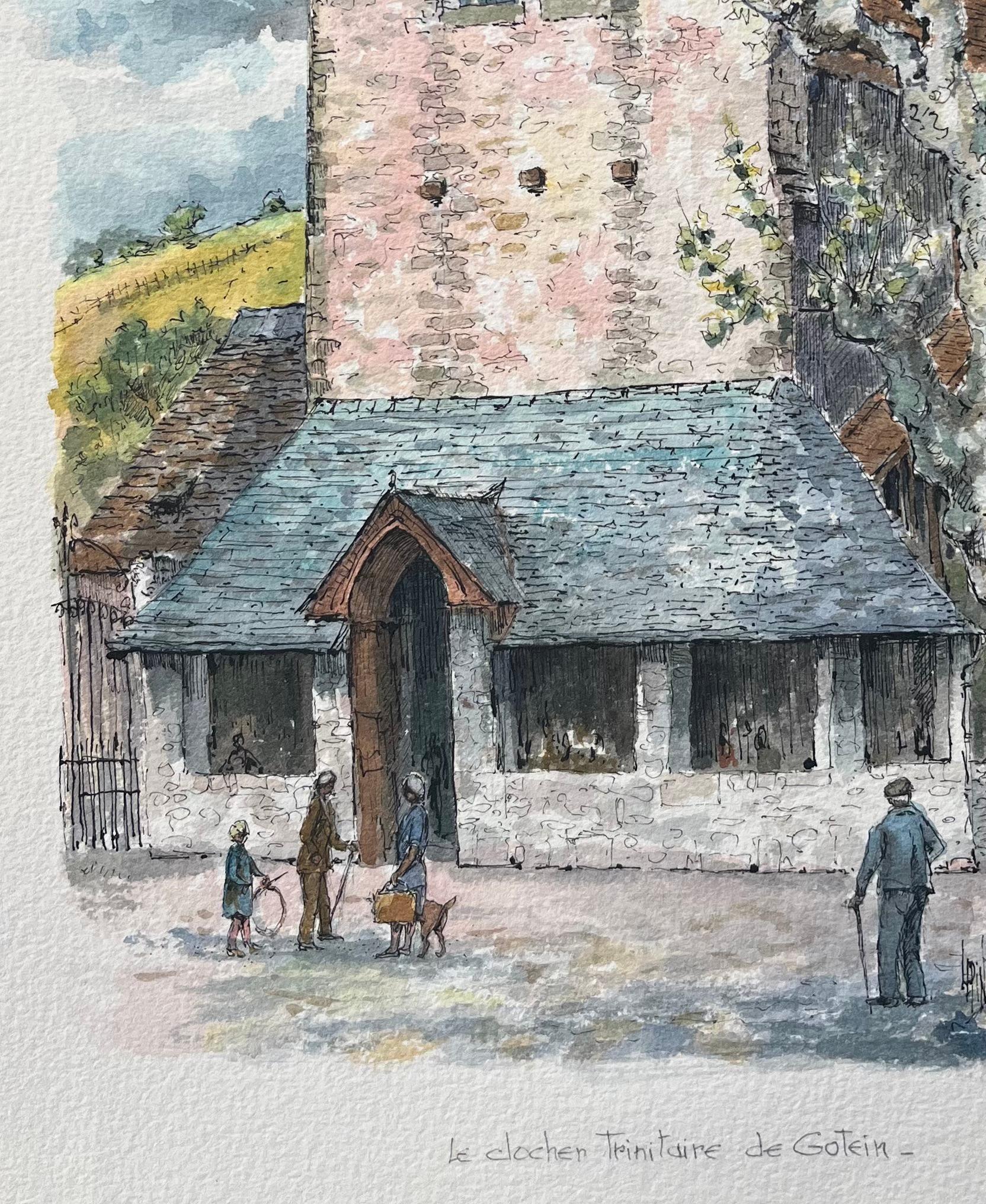 French Watercolor of the Fortified Church of Golinhac with Figures and Dog - Gray Landscape Art by Robert Lepine (1929 - 2017)