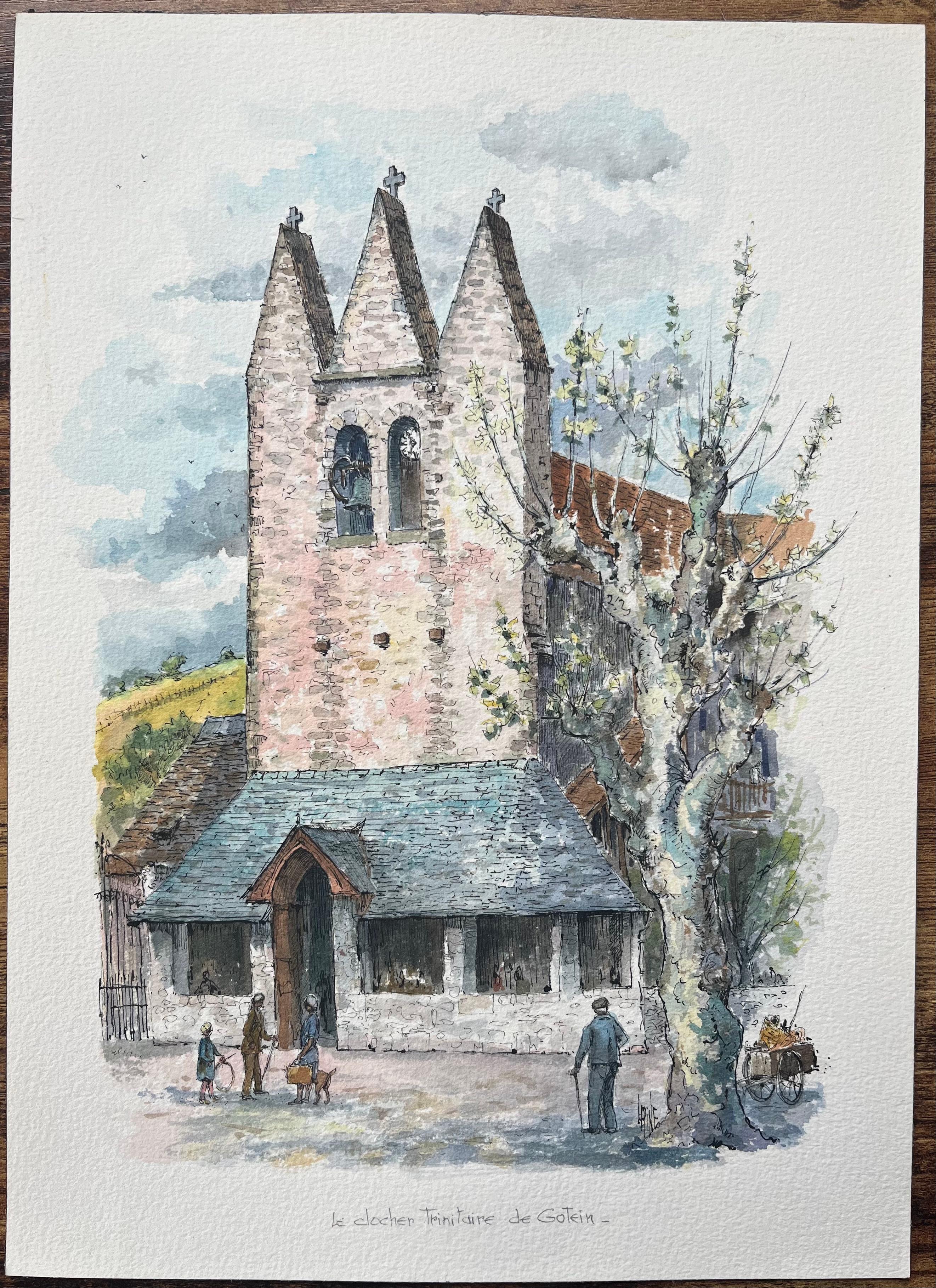 French Watercolor of the Fortified Church of Golinhac with Figures and Dog - Art by Robert Lepine (1929 - 2017)