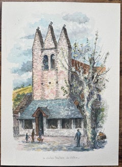 French Watercolor of the Fortified Church of Golinhac with Figures and Dog