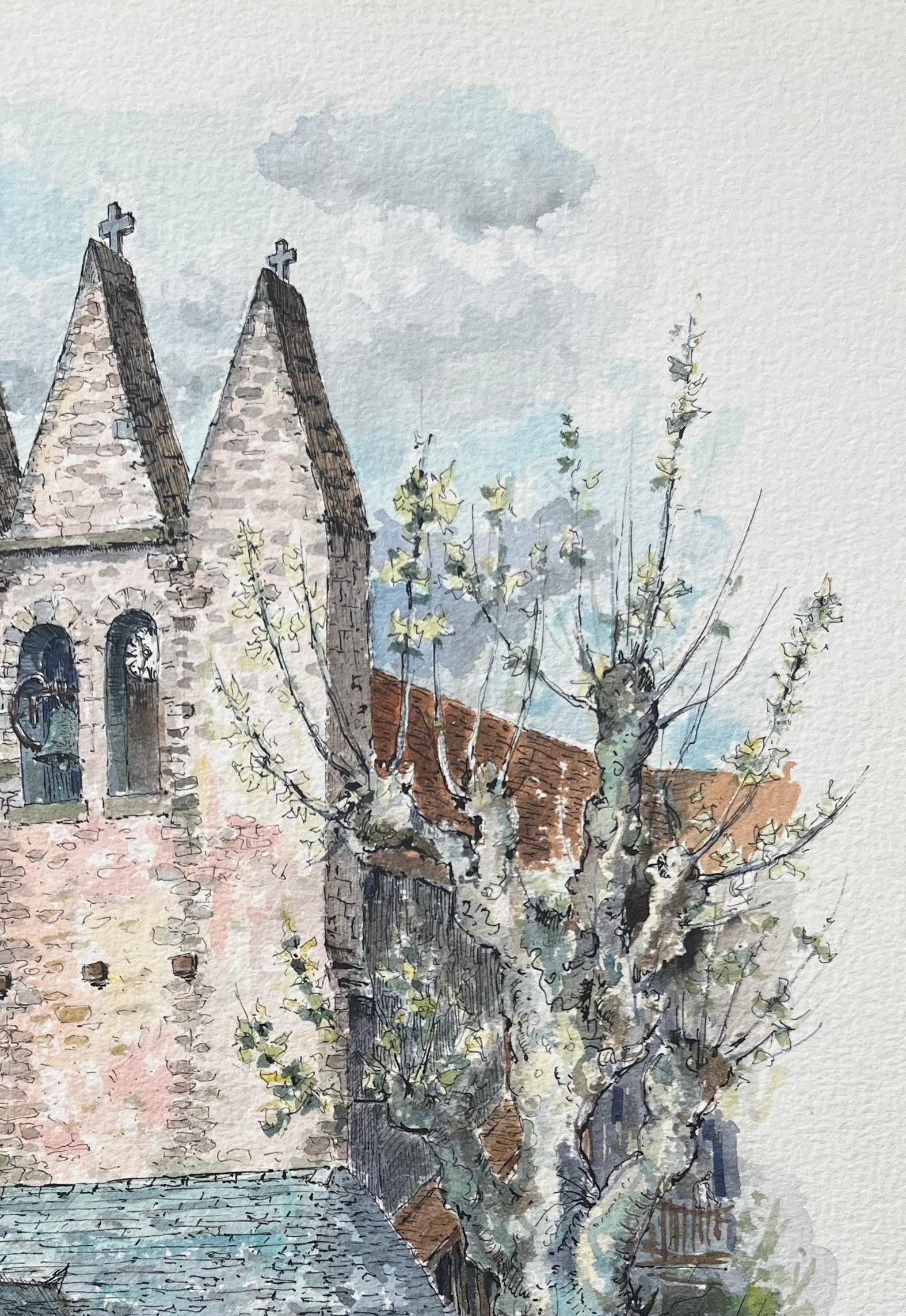 French Watercolor of the Fortified Church of Golinhac with Figures and Dog For Sale 1