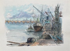 French Watercolor of "Les Quais de la Garonne, Bordeaux" with Ships and Cranes