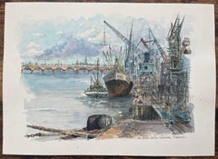 French Watercolor of "Les Quais de la Garonne, Bordeaux" with Ships and Cranes