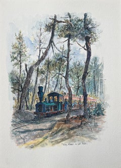 Französisches Aquarell von Le Petit Train in the Forest, Cap Ferret