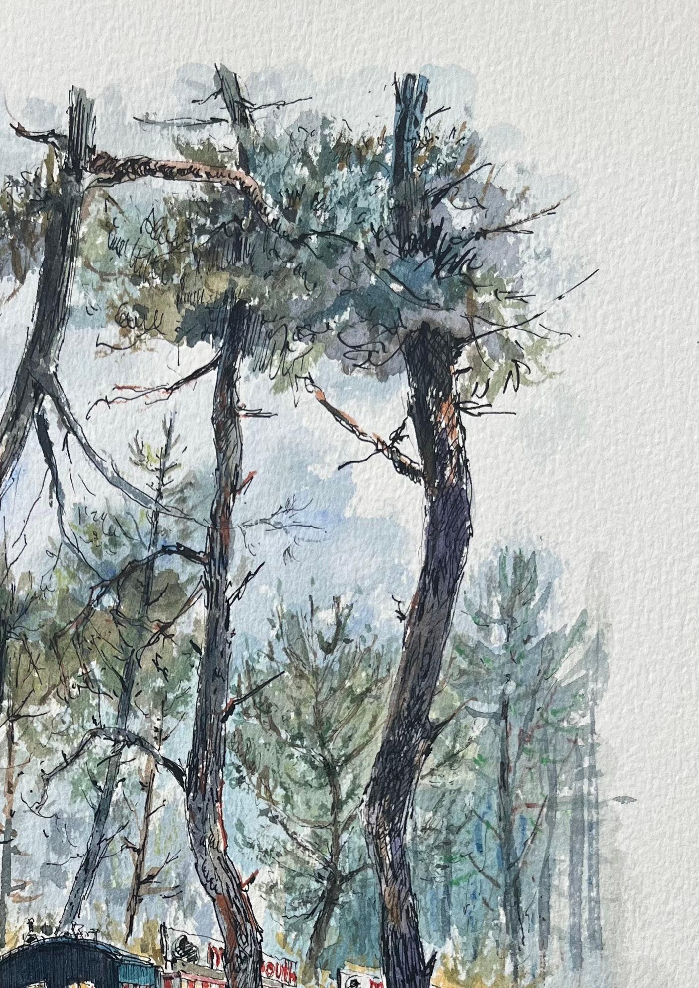 Title: French Watercolor of Le Petit Train in the Forest, Cap Ferret
by Robert Lepine (French, 1929 - 2017)
Signed: Yes
Medium: Watercolor painting on artists paper, unframed
Size: 14.25 x 10.25 (height x width)
Condition: Very good.
Provenance: