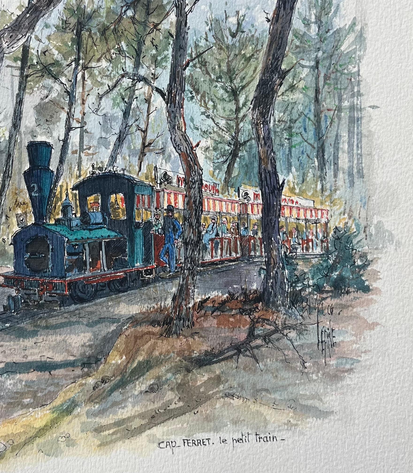 French Watercolor of Le Petit Train in the Forest, Cap Ferret - Gray Landscape Art by Robert Lepine (1929 - 2017)