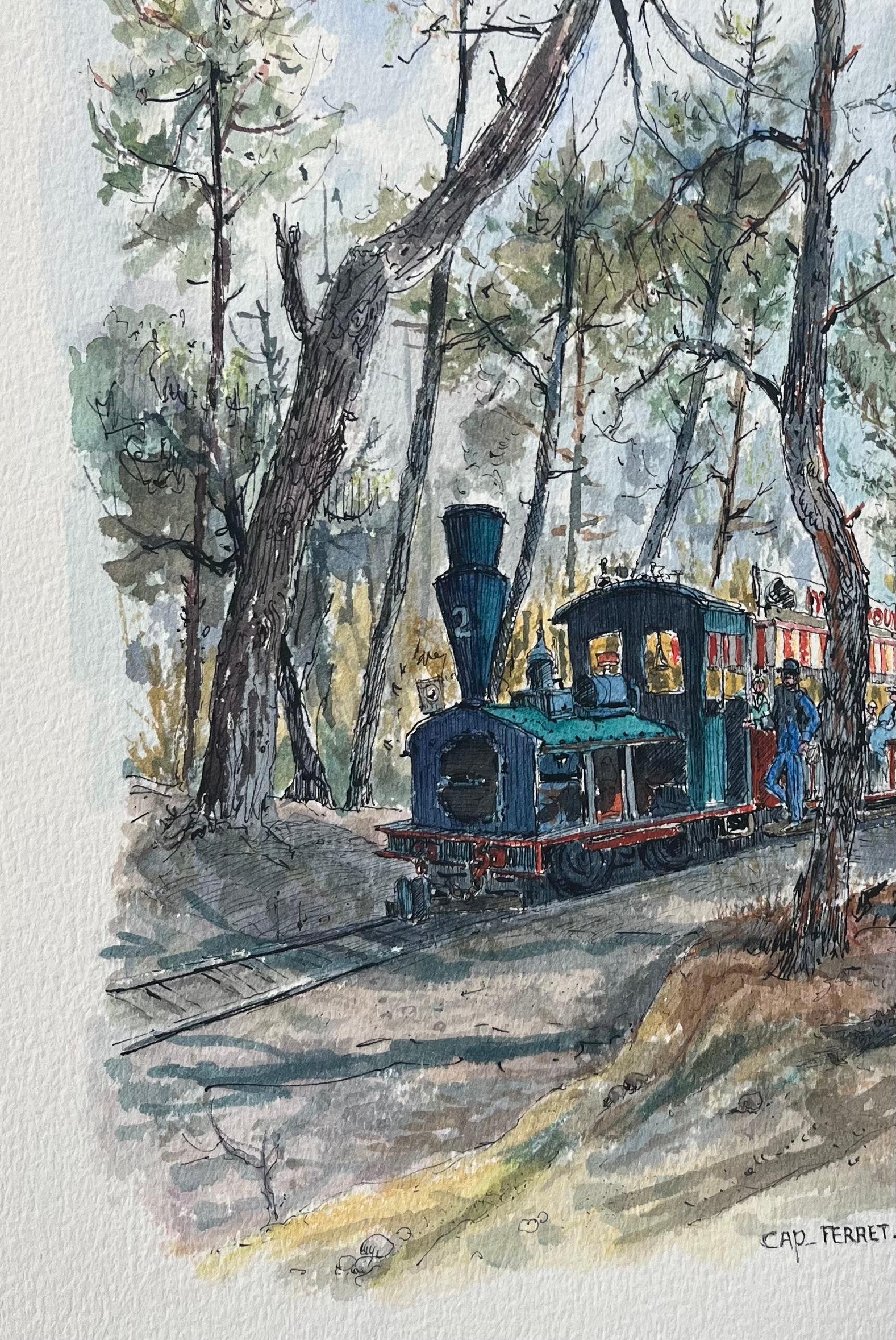 French Watercolor of Le Petit Train in the Forest, Cap Ferret - French School Art by Robert Lepine (1929 - 2017)
