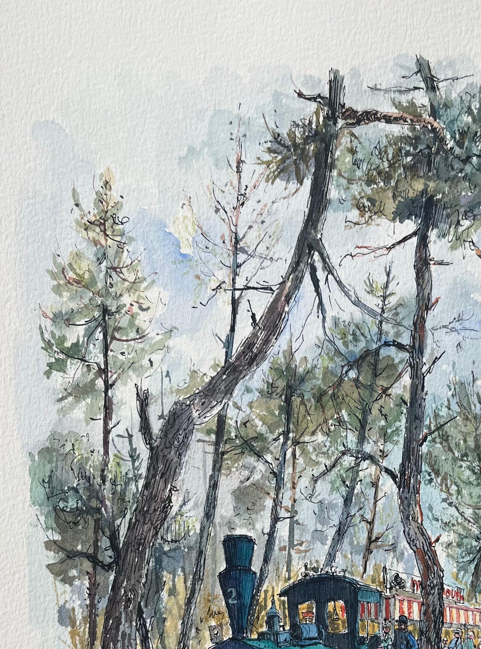 French Watercolor of Le Petit Train in the Forest, Cap Ferret For Sale 1