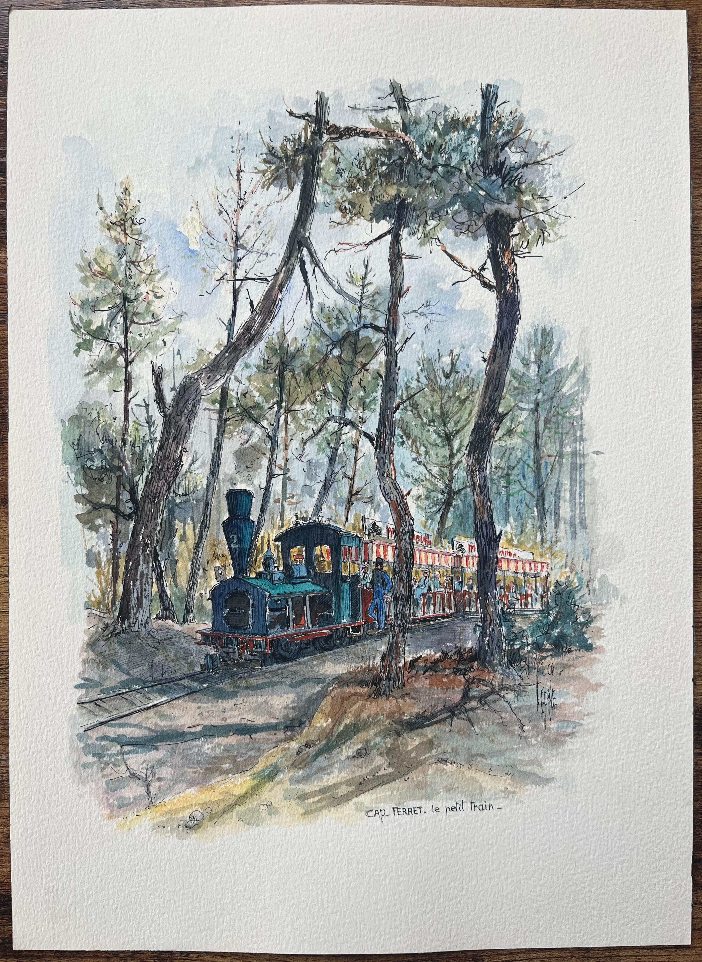 French Watercolor of Le Petit Train in the Forest, Cap Ferret - Art by Robert Lepine (1929 - 2017)