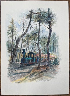 French Watercolor of Le Petit Train in the Forest, Cap Ferret