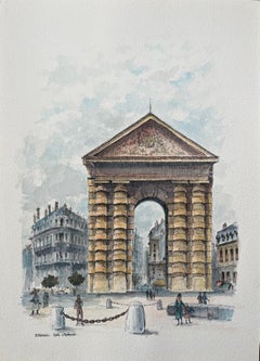 Französisches Aquarell der "Porte d'Aquitaine, Bordeaux" mit Details des Stadtbildes
