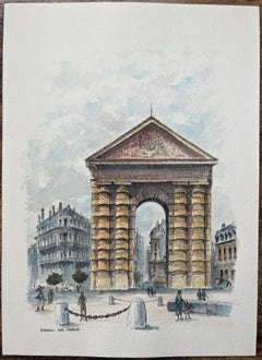 French Watercolor of "Porte d’Aquitaine, Bordeaux" with Cityscape Details