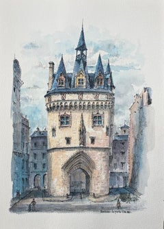 French Watercolor of "Porte Cailhau, Bordeaux" with Architectural Details